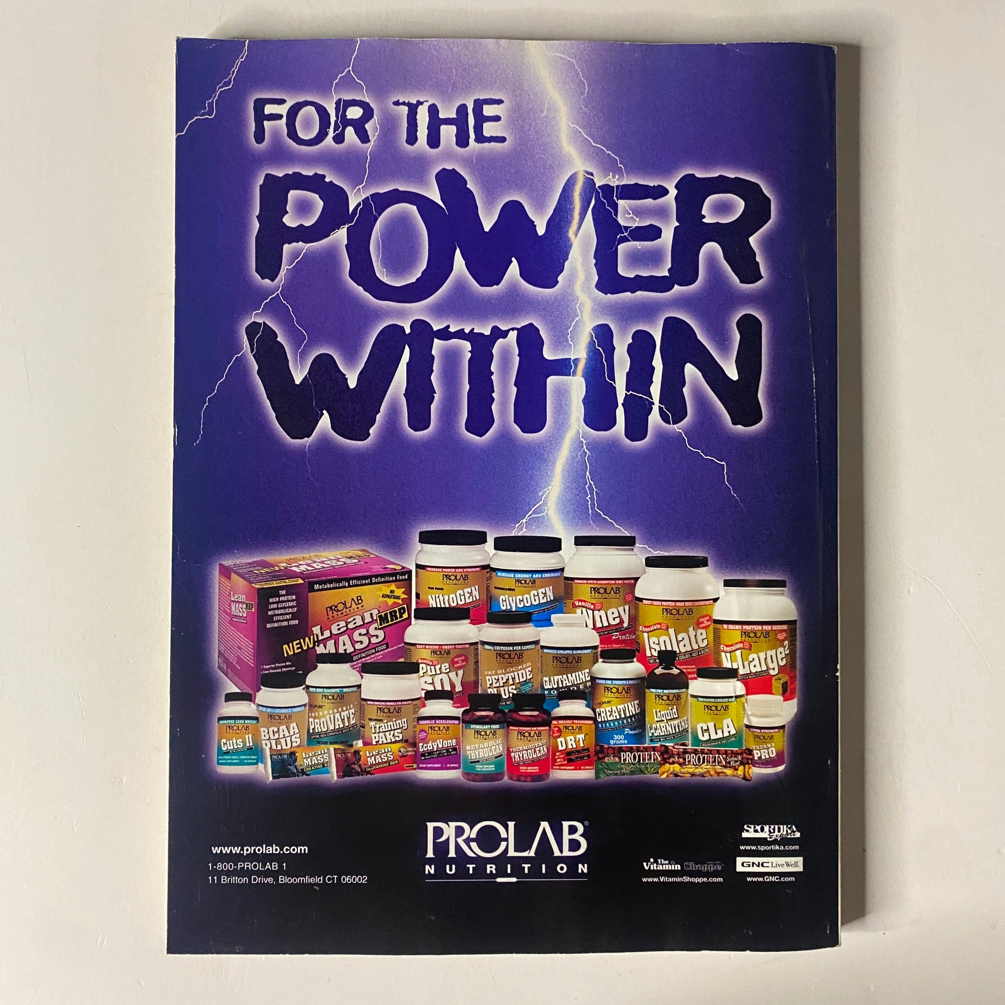ProLab Nutrition advertisement featuring various supplement containers with the slogan 'FOR THE POWER WITHIN' from the MuscleMag International Magazine October 2001, Issue No. 232, featuring Tom Terwilliger.