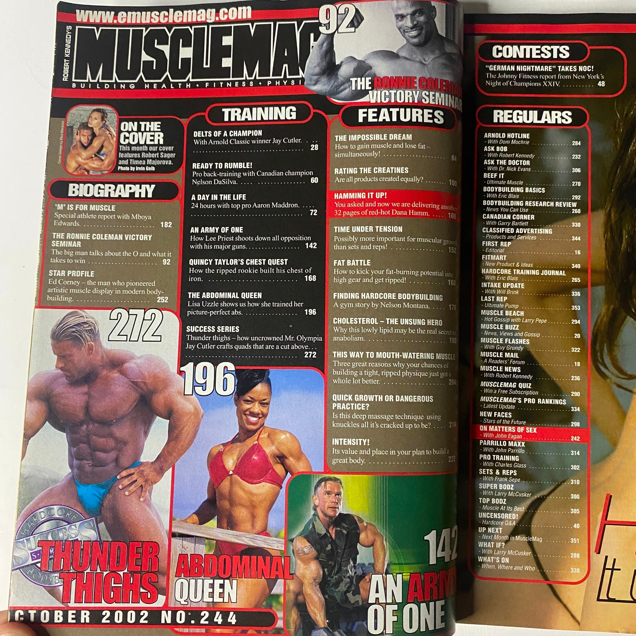 Interior page from MuscleMag International Magazine October 2002, Issue No. 244 featuring training tips, biographies, and the MuscleMag regulars section.