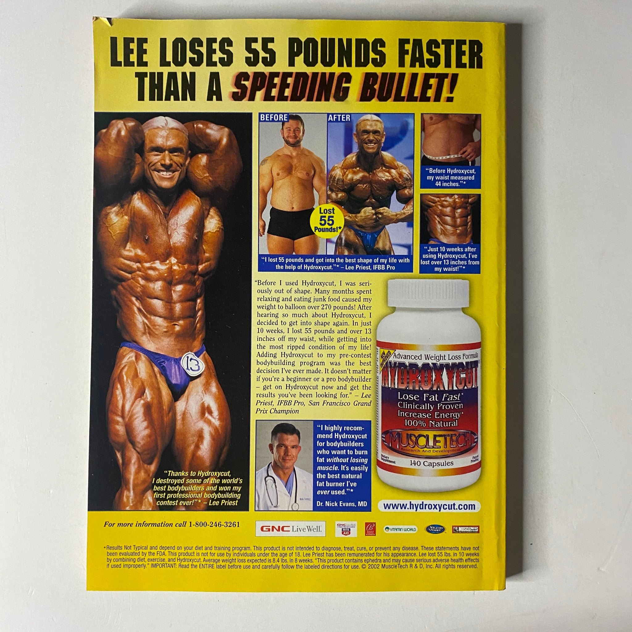 Back cover of MuscleMag International Magazine October 2002, Issue No. 244 advertising a weight loss product with a transformation story.