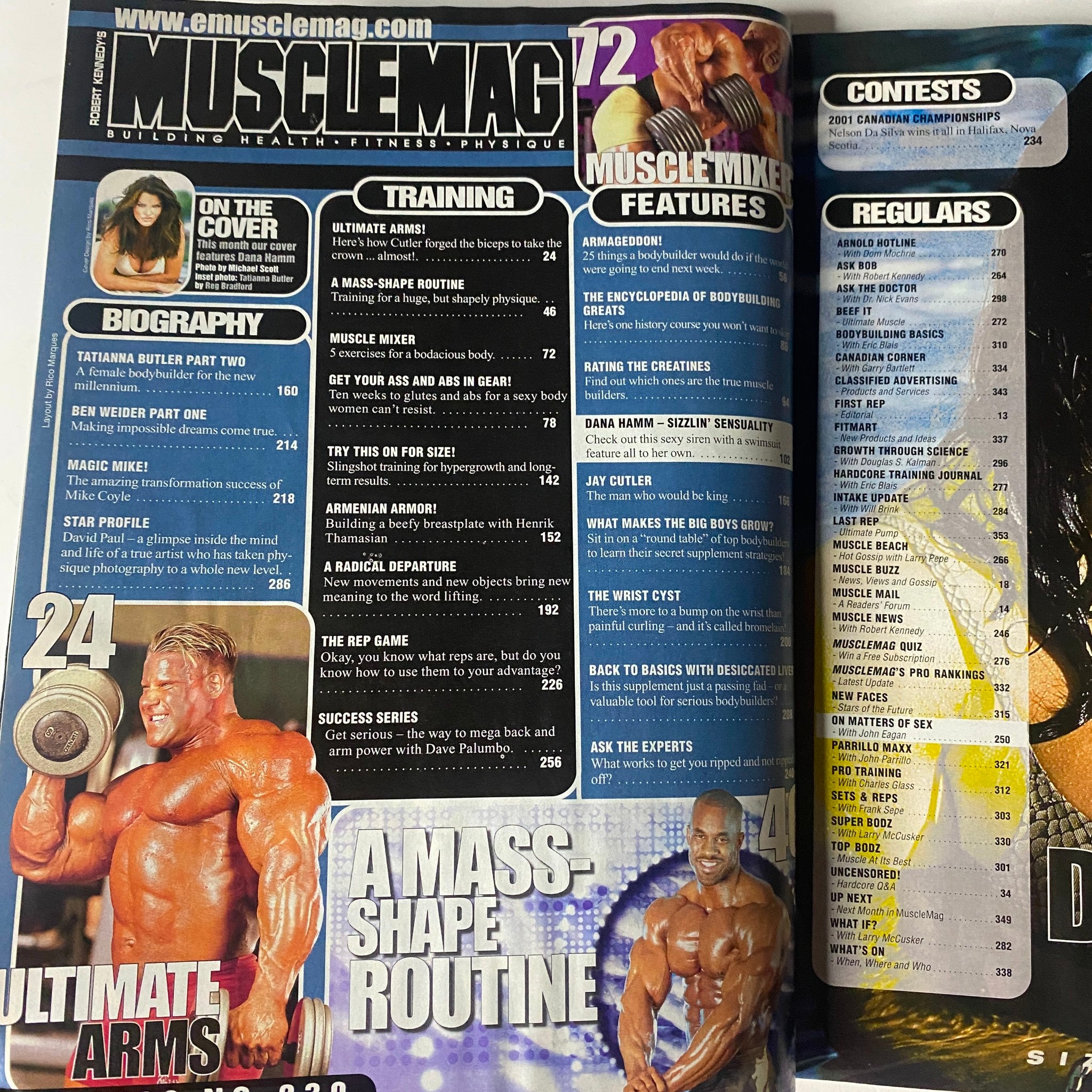 Interior page of MuscleMag International Magazine May 2002 displaying articles on training and fitness features.