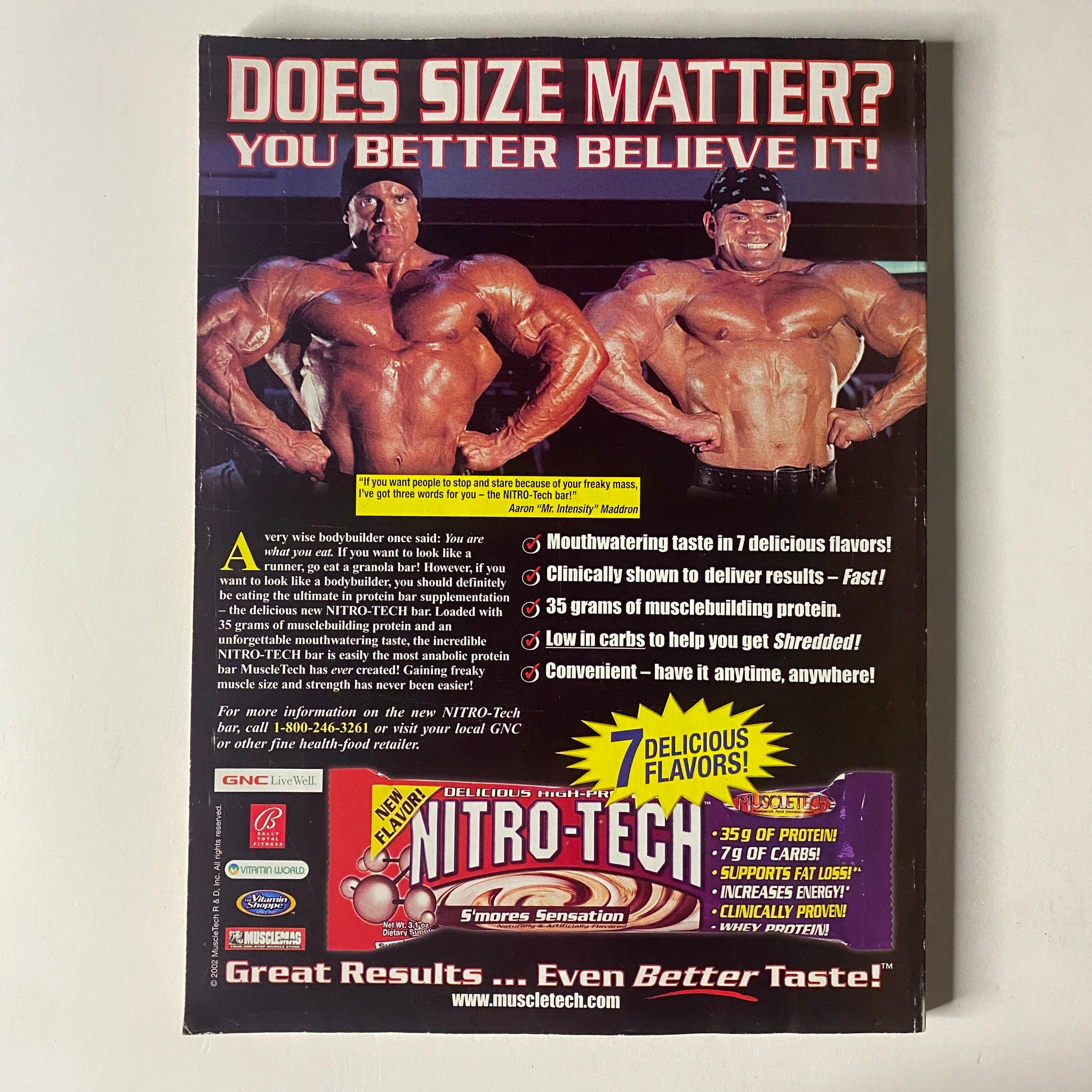 Back cover of MuscleMag International Magazine May 2002 featuring an advertisement asking 'Does Size Matter? You Better Believe It!' highlighting Nitrotech protein supplement with various flavors and benefits.