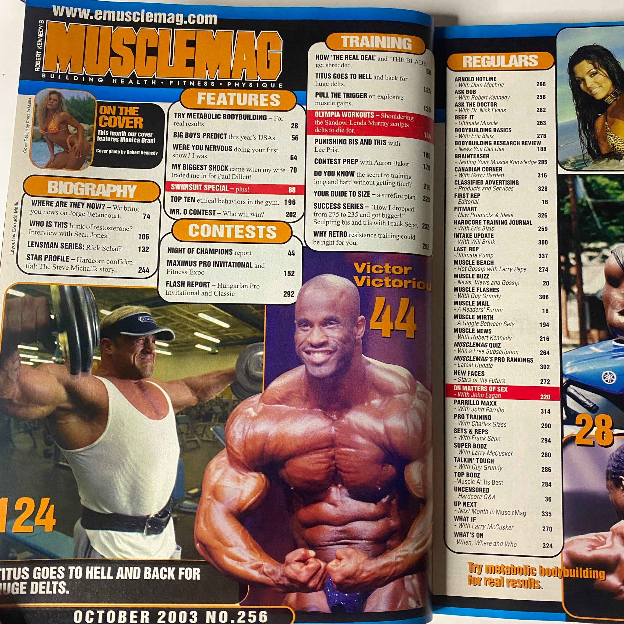 Interior page from MuscleMag International Magazine October 2003 No. 256 showcasing articles on bodybuilding training, features, and contests.