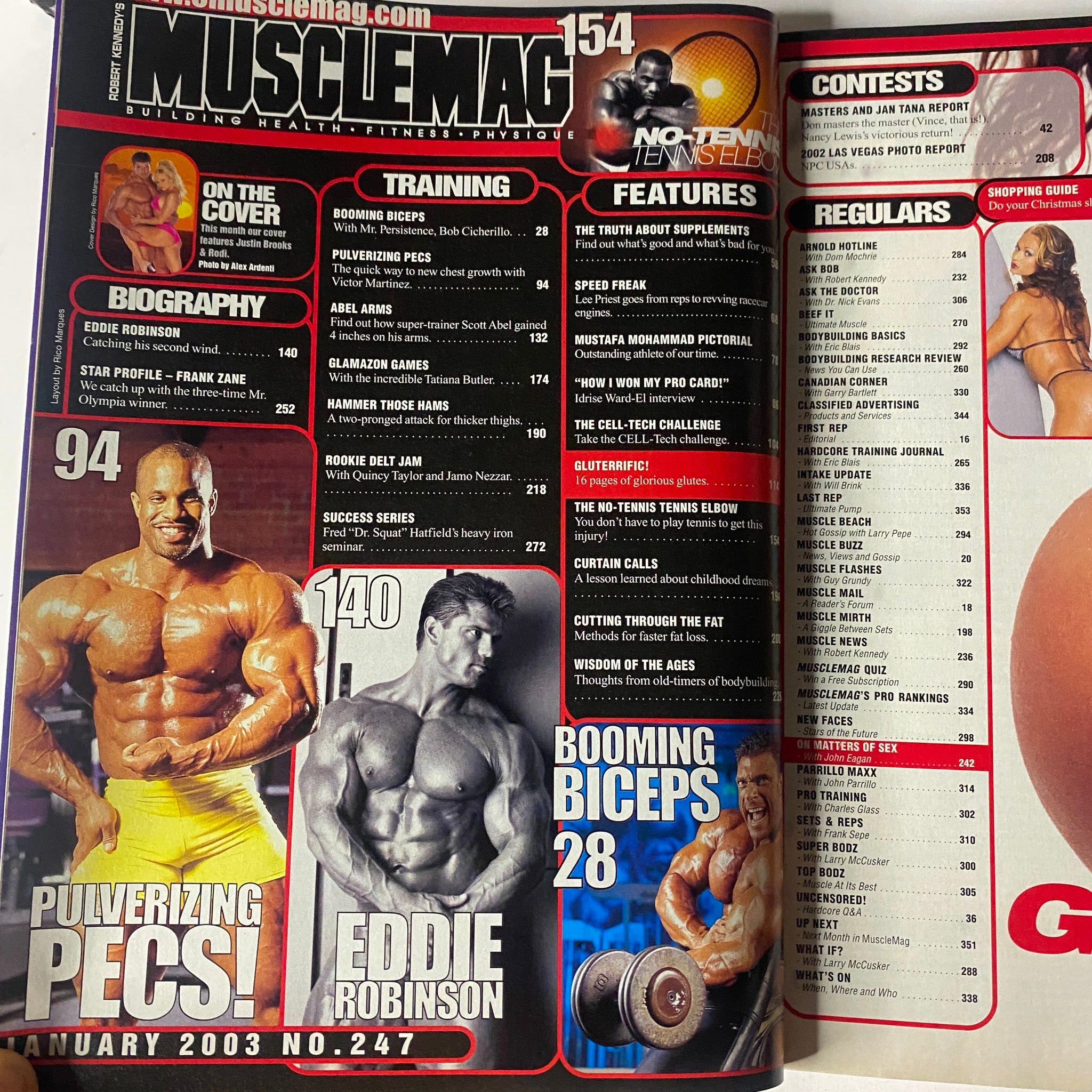 Interior page of MuscleMag International Magazine January 2003 #247 showcasing a fitness training feature, including Eddie Robinson and workout tips.