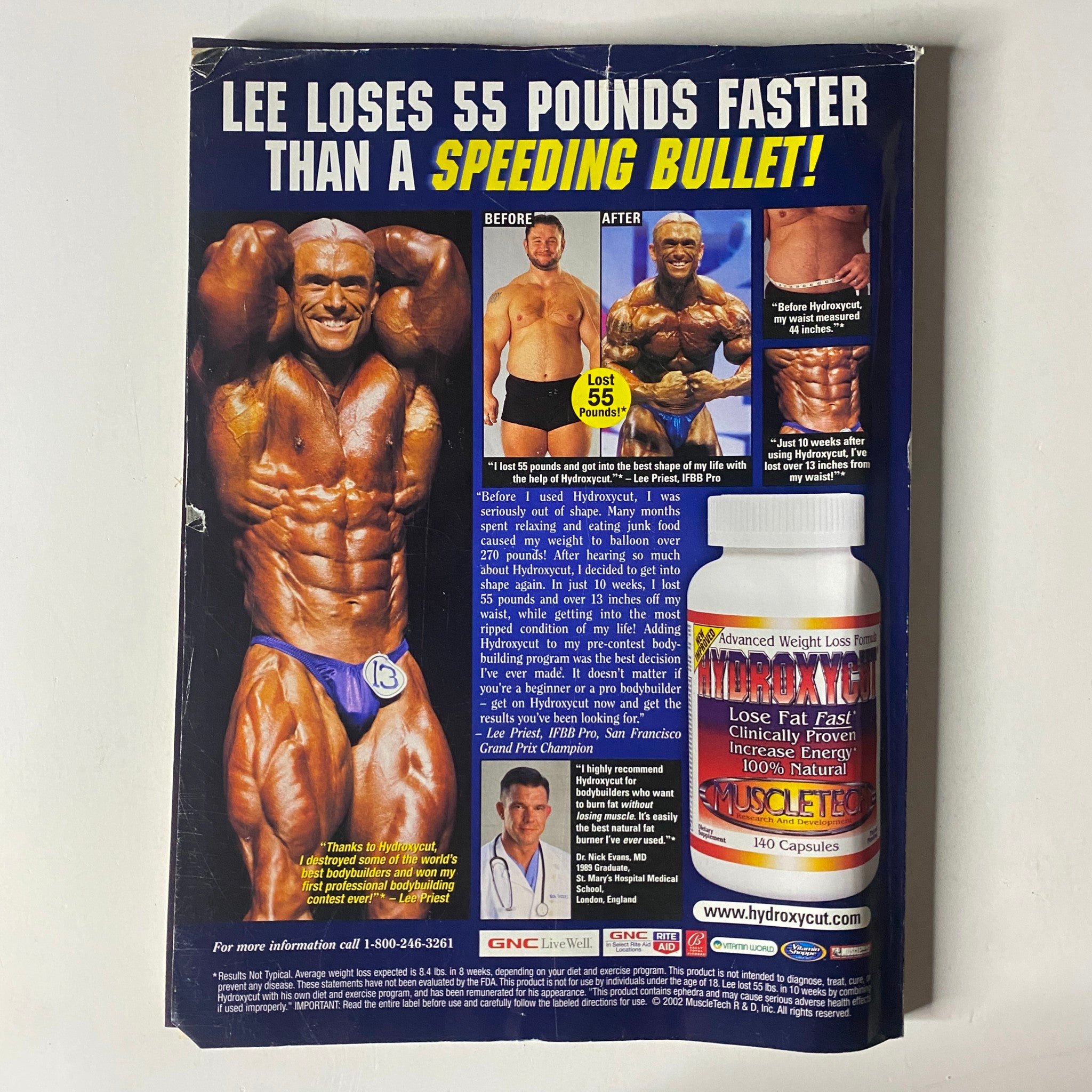Back cover of MuscleMag International Magazine January 2003 #247 promoting weight loss with a testimonial, featuring a before and after image.