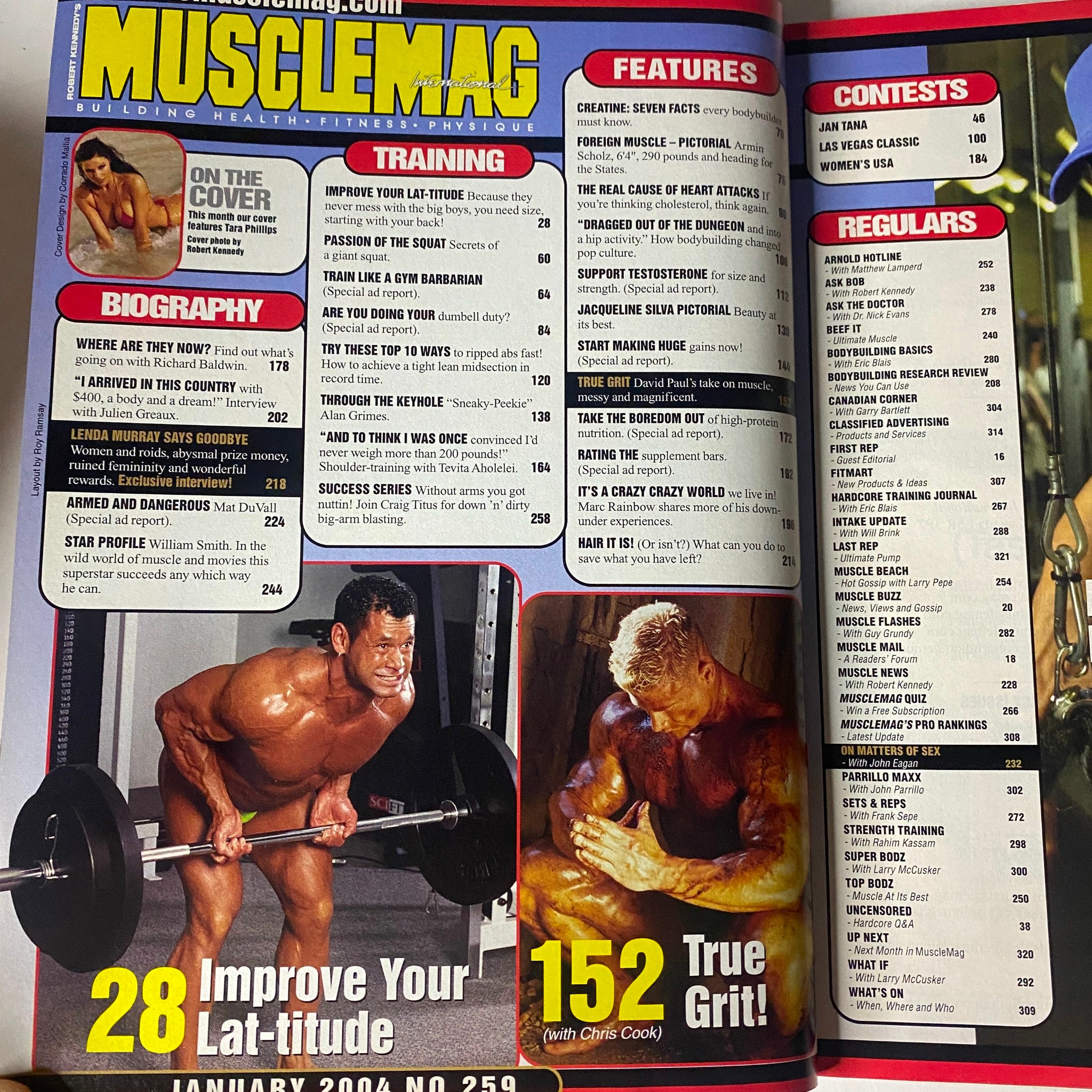 Inside page of MuscleMag International Magazine January 2004 No. 259 showcasing features such as training tips, contests, and a biography section, highlighting various bodybuilding topics.