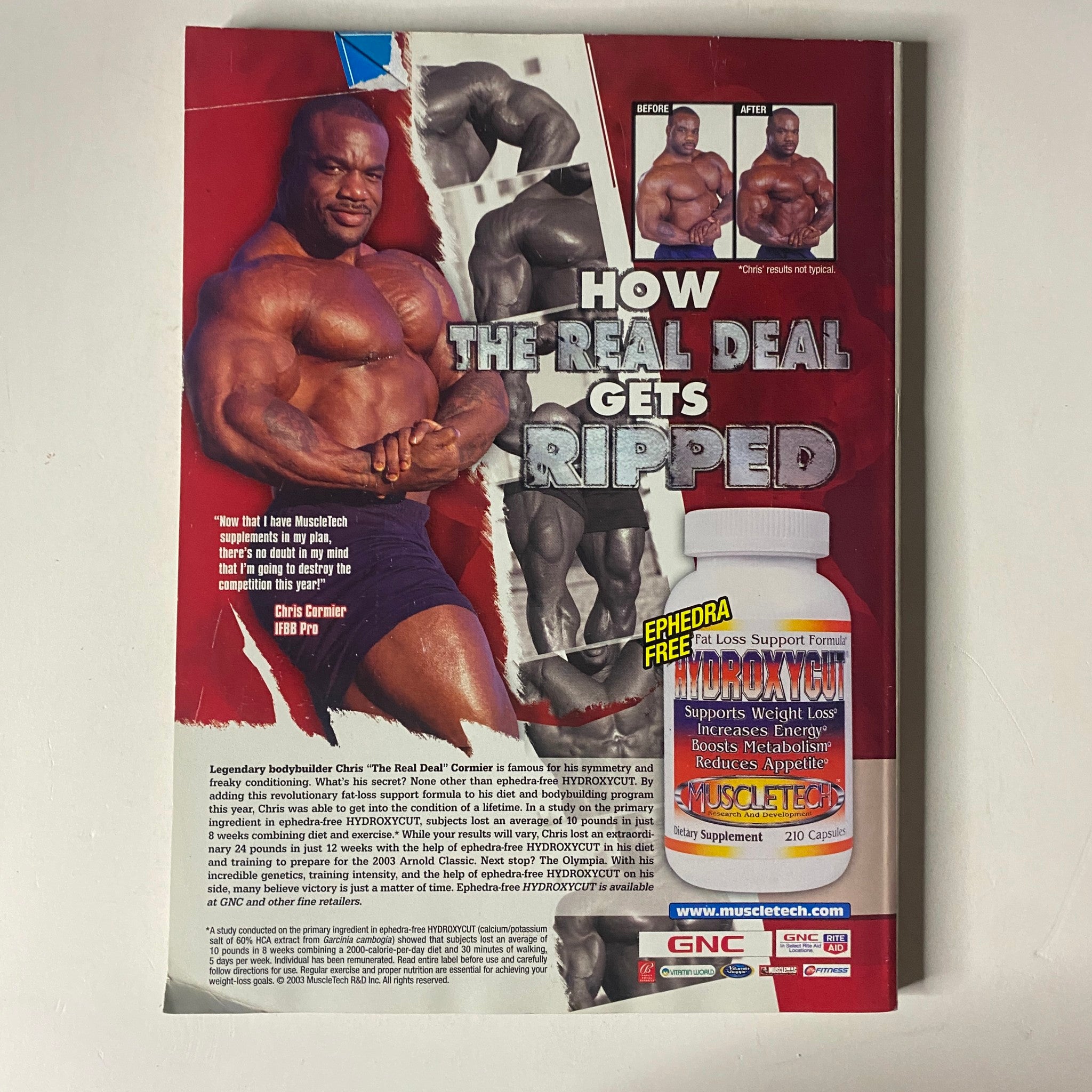 MuscleMag International Magazine January 2004 No. 259 featuring a bodybuilding advertisement with a muscular athlete showcasing fitness products that support weight loss. This vintage magazine highlights Tara Phillips on the cover, offering insights into early 2000s physique culture.