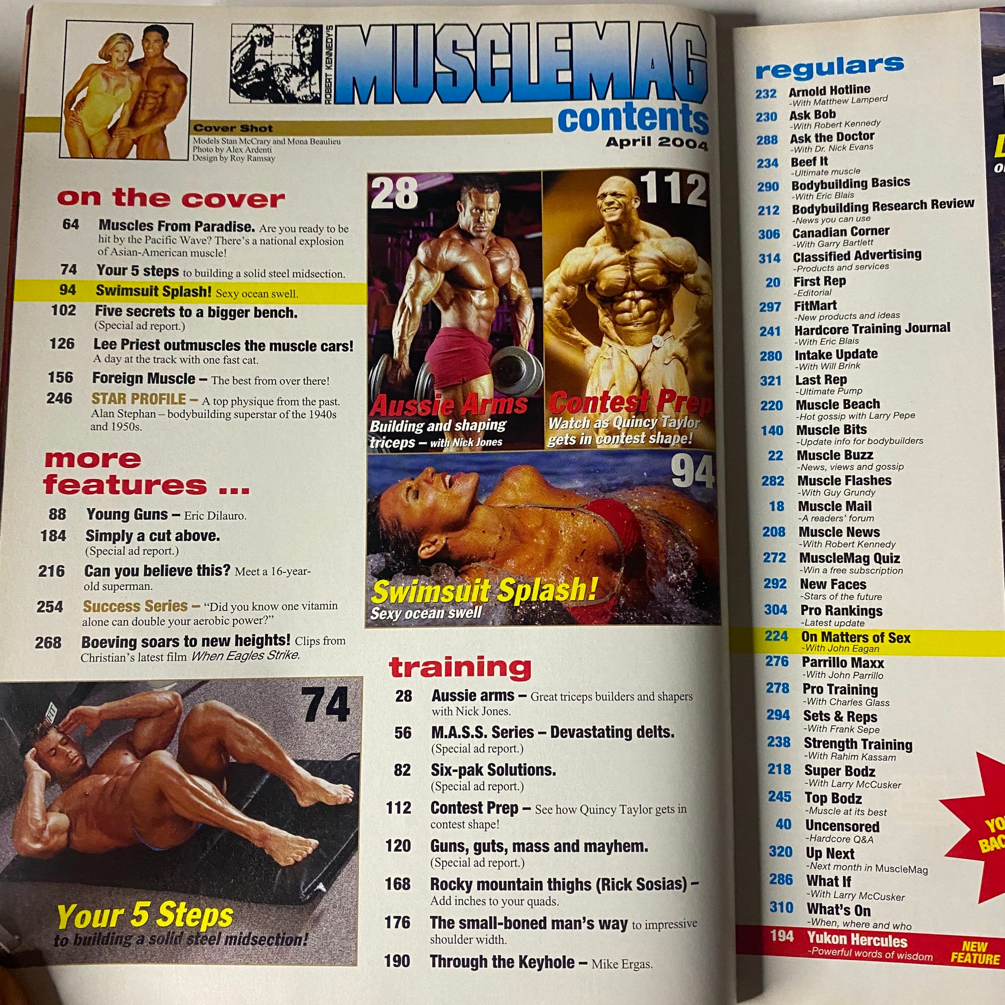 Contents page of MuscleMag International Magazine April 2004 showcasing articles on bodybuilding techniques, training tips, and highlights from the fitness community.