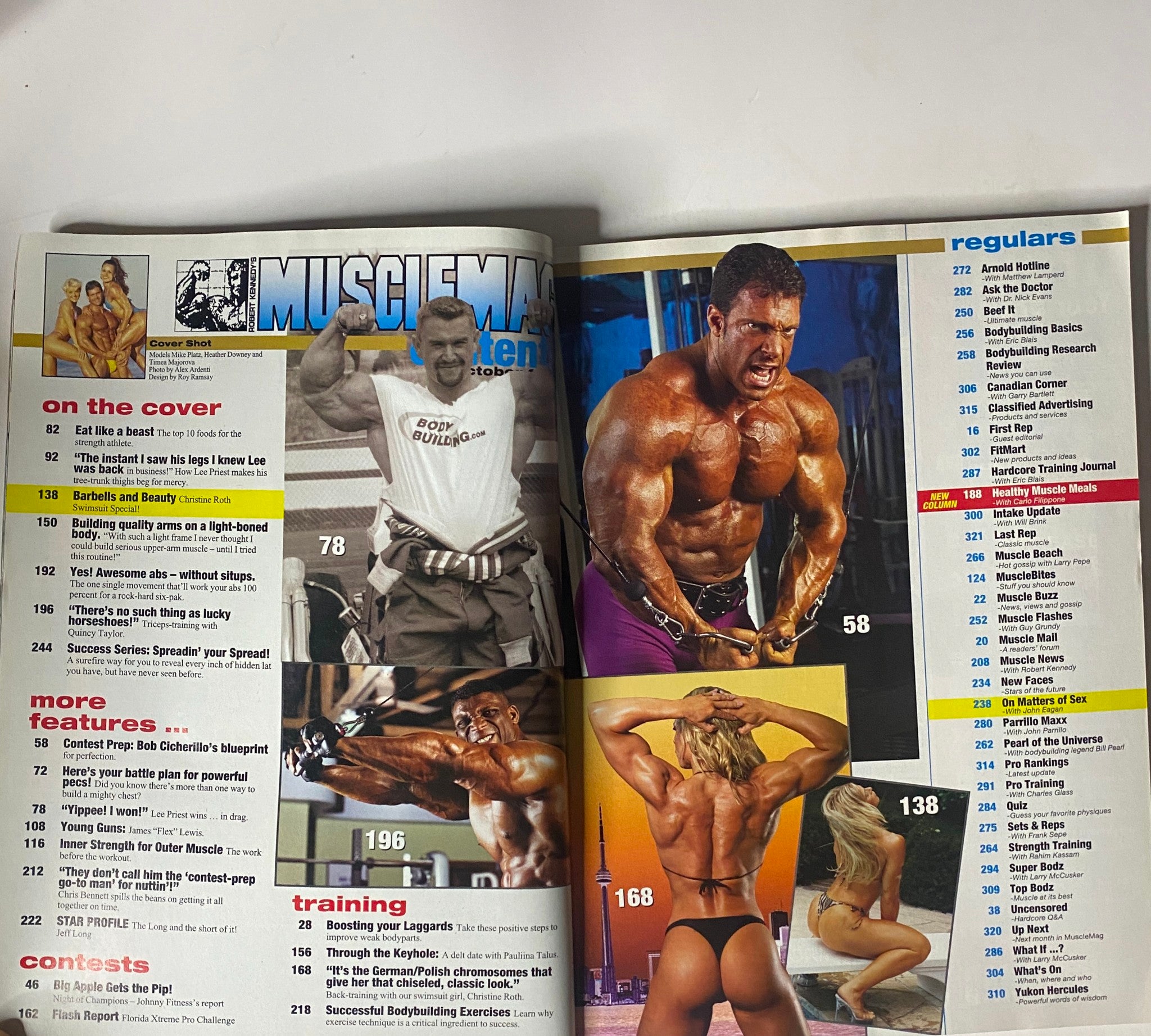MuscleMag International Magazine October 2004 featuring bodybuilding content, including an overview of articles, training features, and notable images of bodybuilders like Mike Platz and Heather Downey, showcased within the magazine pages.