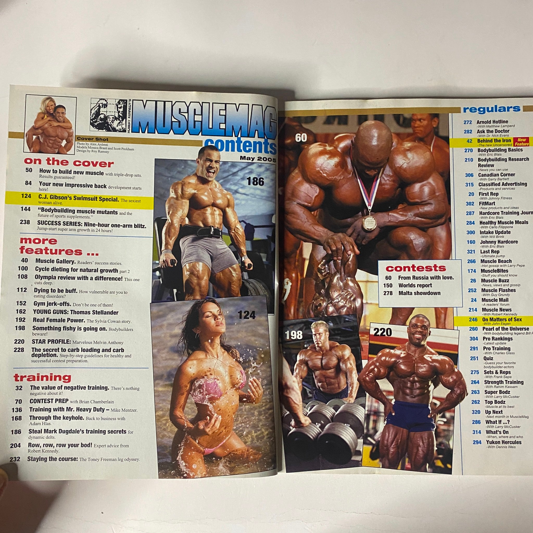 Interior page of MuscleMag International Magazine May 2005 No. 275, showing the magazine's table of contents, highlighting various fitness articles and features.