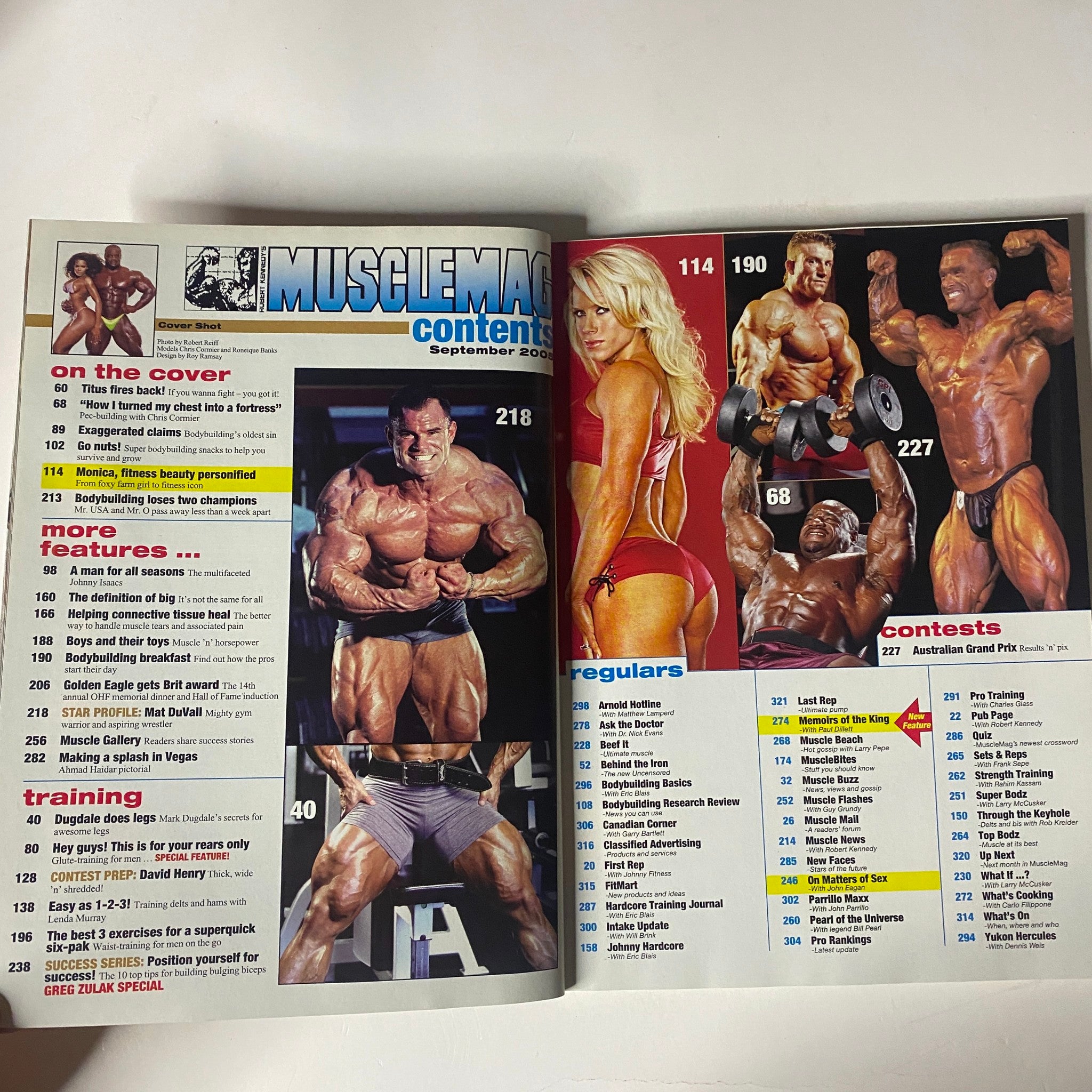 MuscleMag International Magazine September 2005 showing content pages, featuring bodybuilding tips and training strategies. Includes images and highlights of Chris Cormier and Roneique Banks.