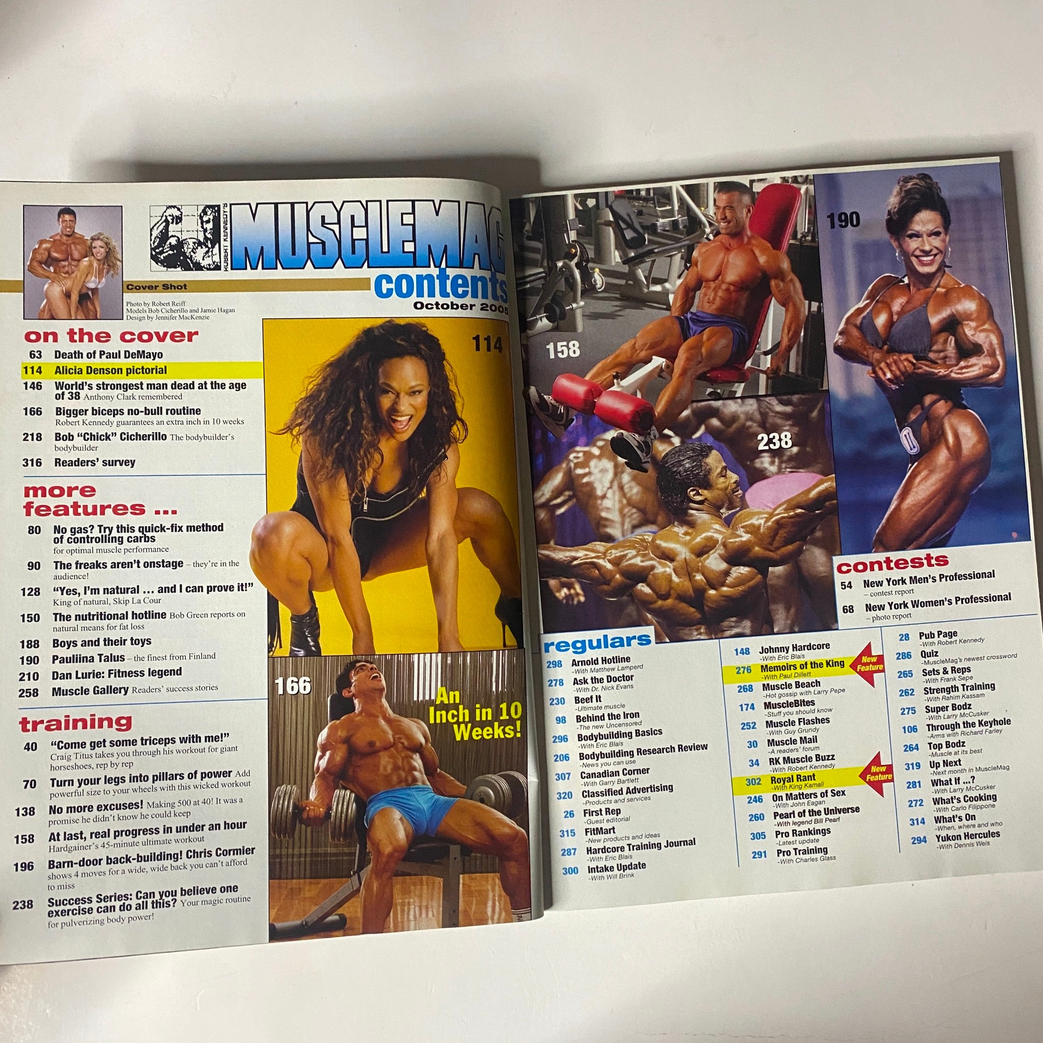 Inside spread of MuscleMag International Magazine October 2005 displaying contents including bodybuilders and training articles.