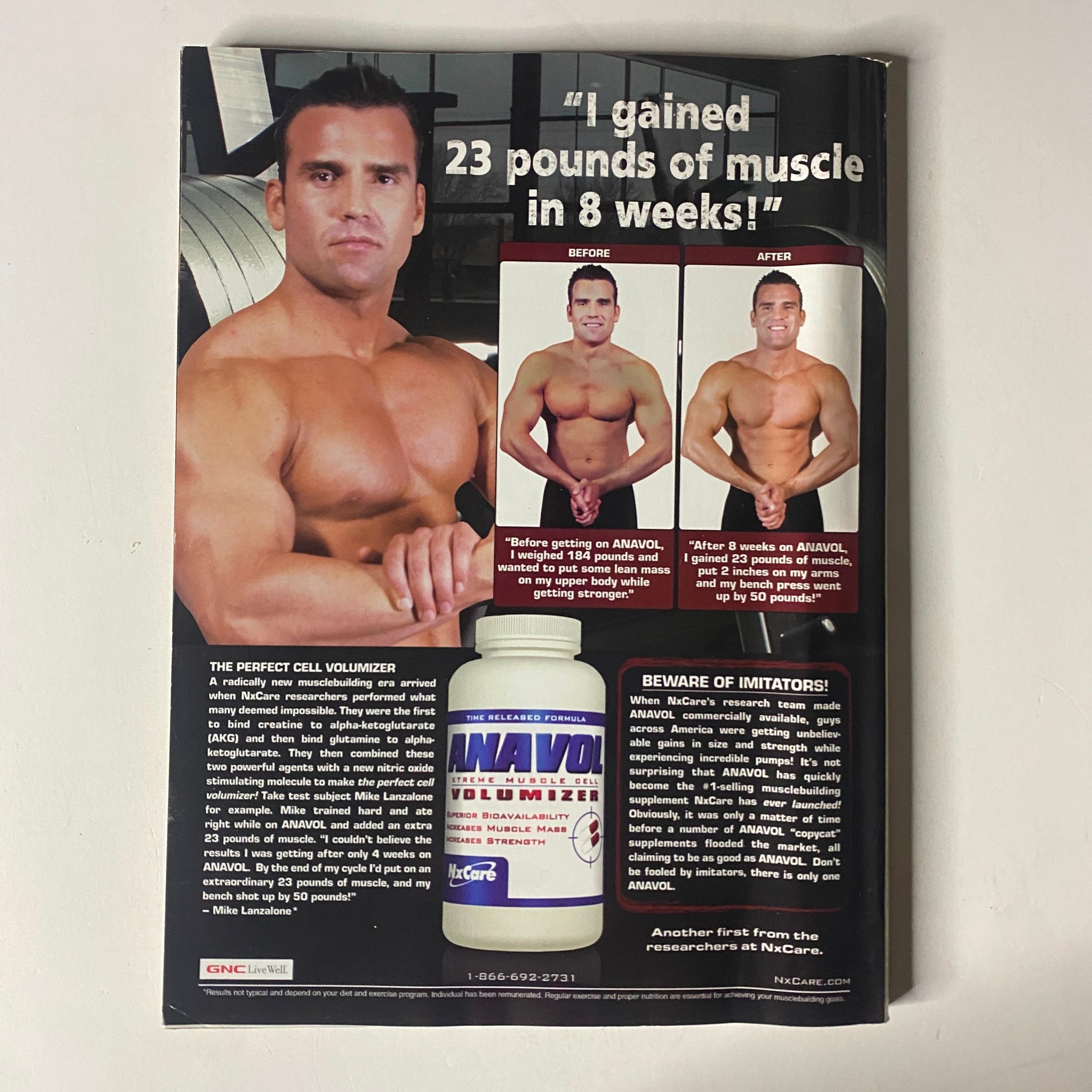 Back cover of MuscleMag International Magazine October 2005 featuring a muscle-building supplement advertisement with a male model's before and after photos.