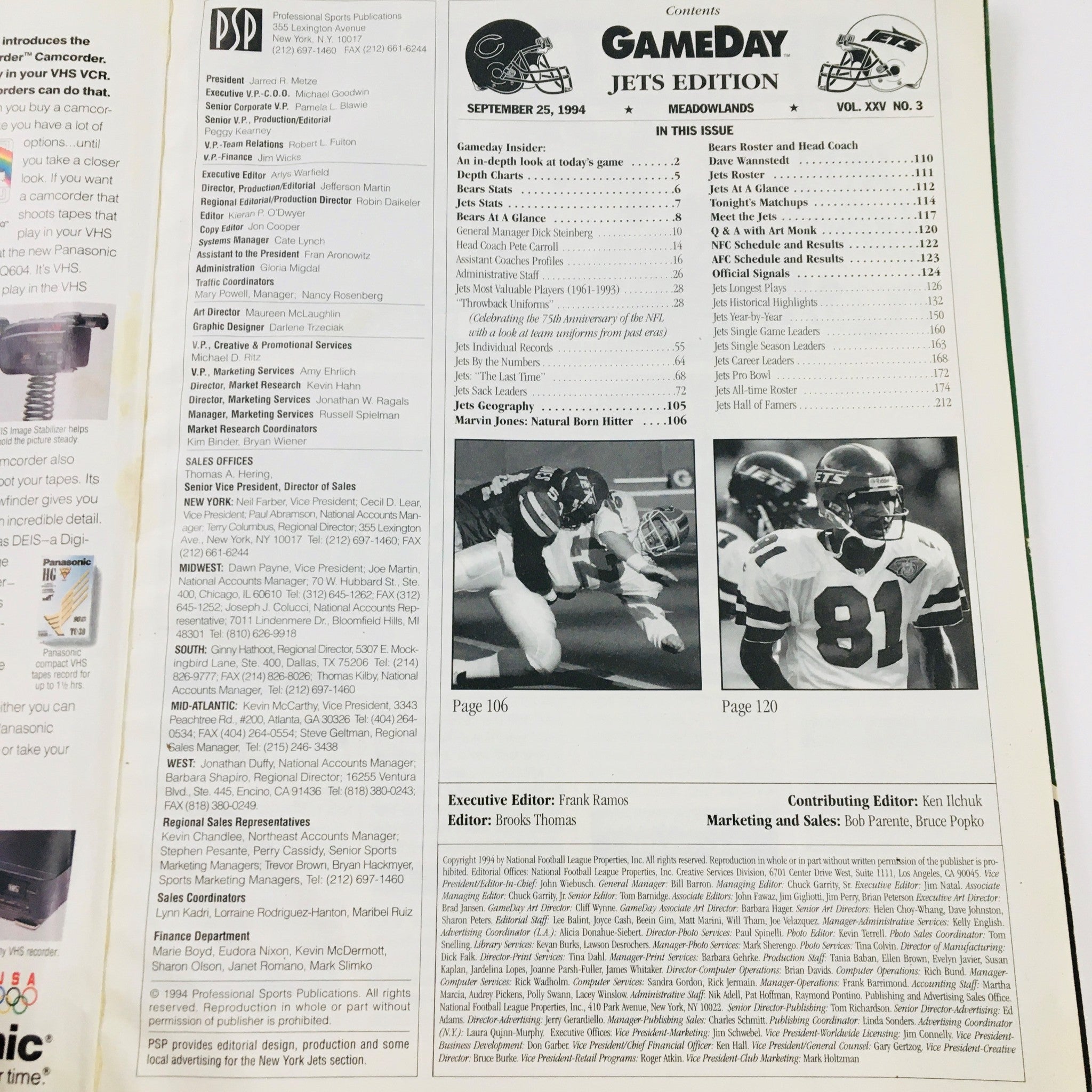 Gameday Magazine September 25 1994 Jets vs Bears at The Meadownlands