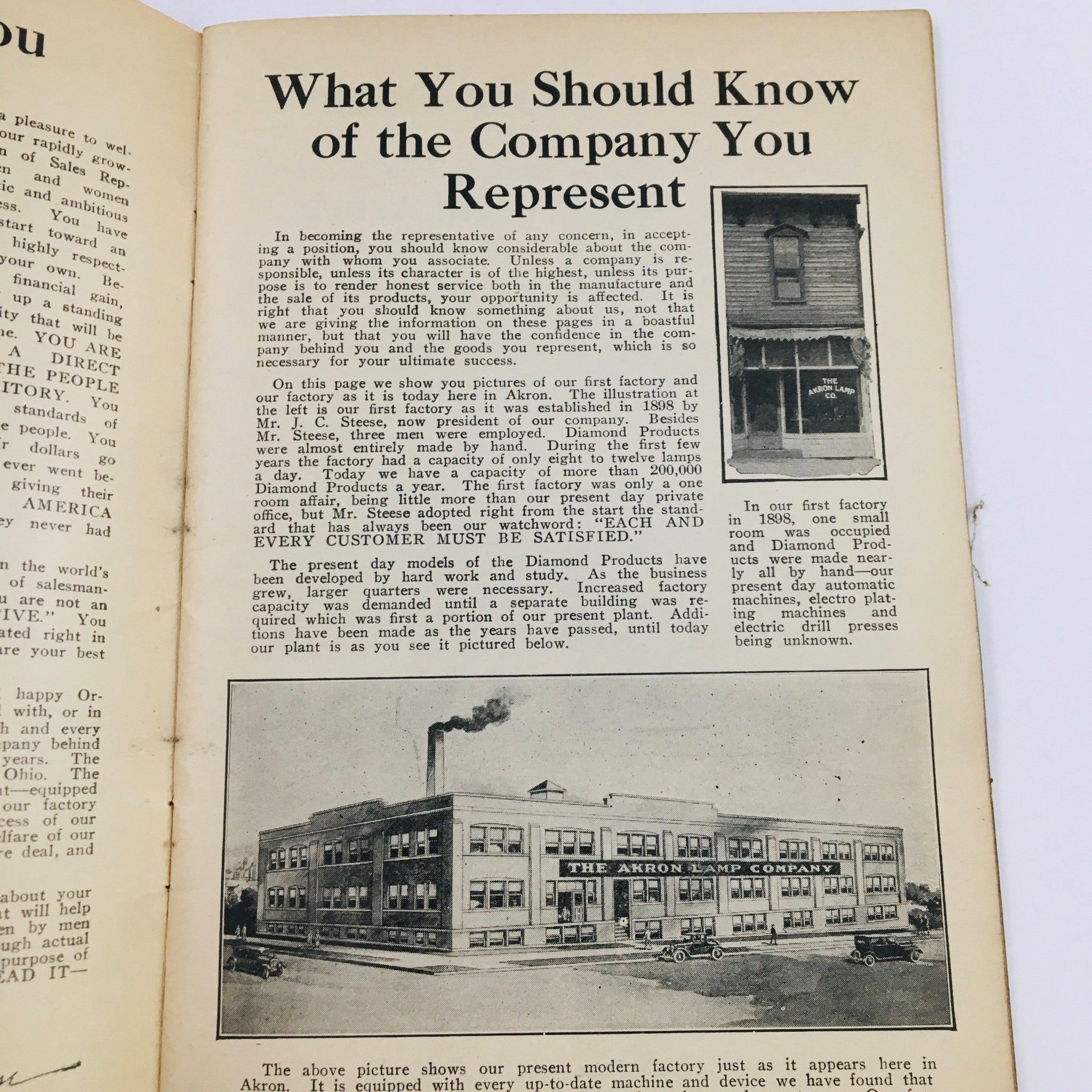 Page from the magazine 'How To Successfully Sell Diamond Quality Products: Practical Salesmanship', featuring an article about the company and a historic photo of the Akron Lamp Company.