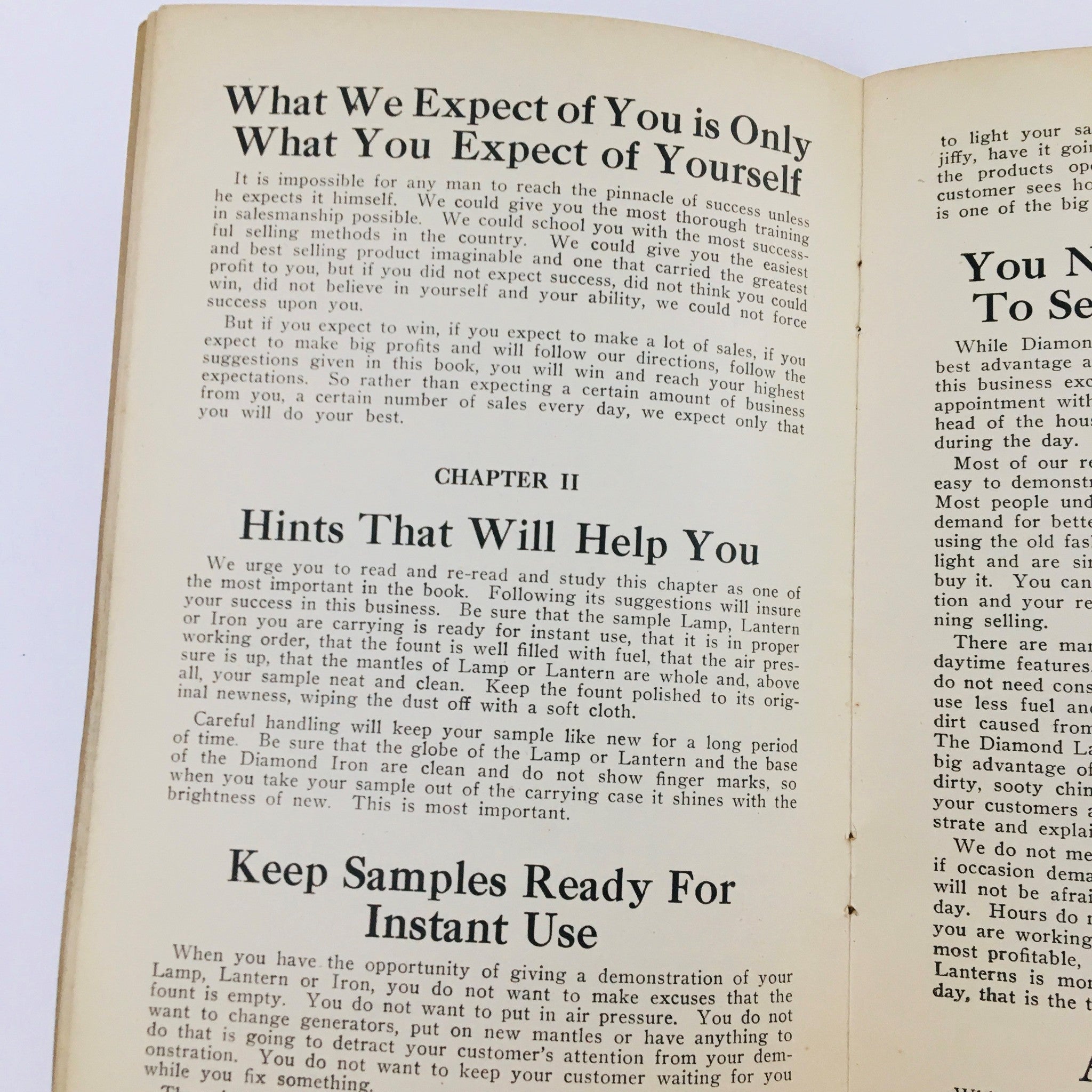 Interior page of the vintage magazine 'How To Successfully Sell Diamond Quality Products: Practical Salesmanship' featuring tips and strategies for salesmanship.