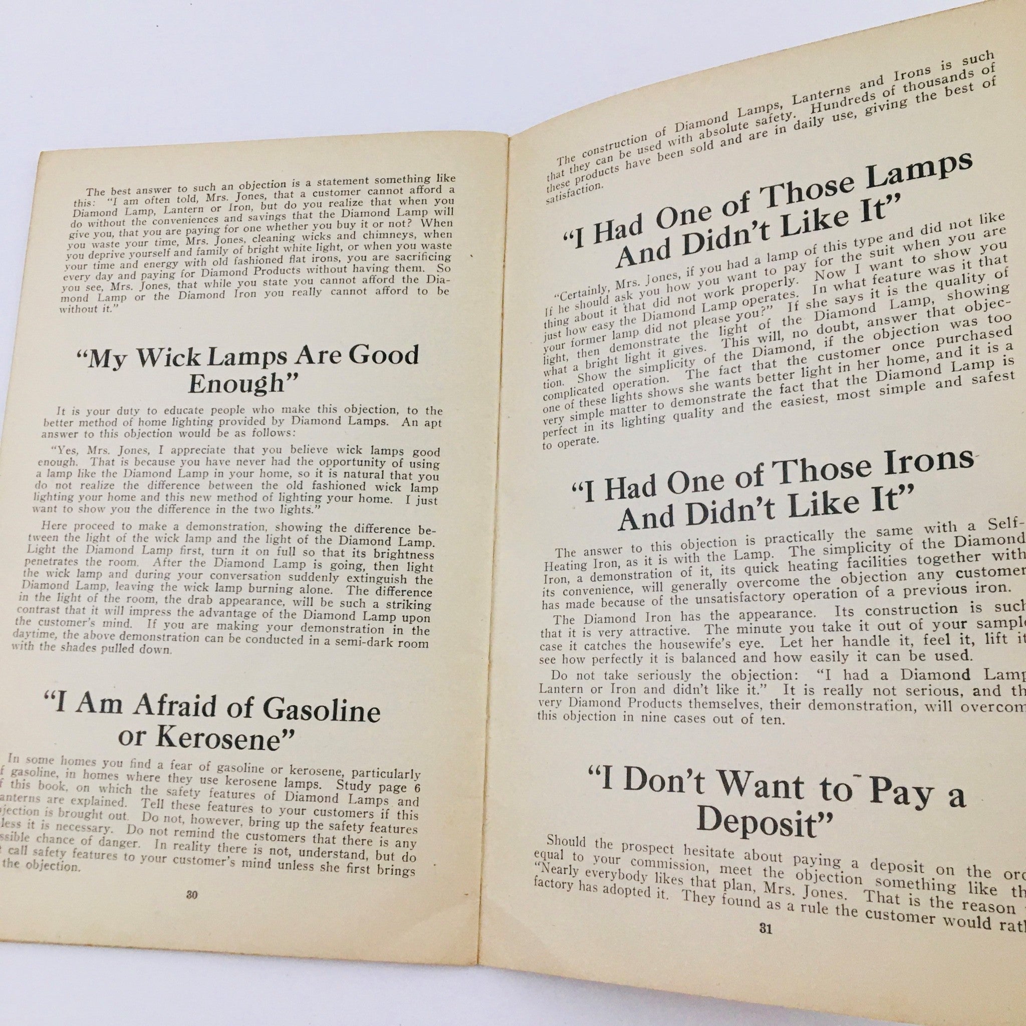Another interior page from 'How To Successfully Sell Diamond Quality Products: Practical Salesmanship' discussing common objections and customer interactions.