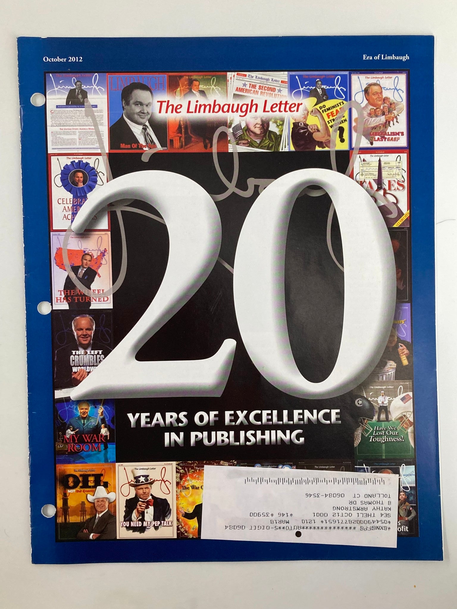 Cover of Rush Limbaugh Letter Newsletter Magazine October 2012, showcasing '20 Years of Excellence in Publishing' with various images of significant past issues.
