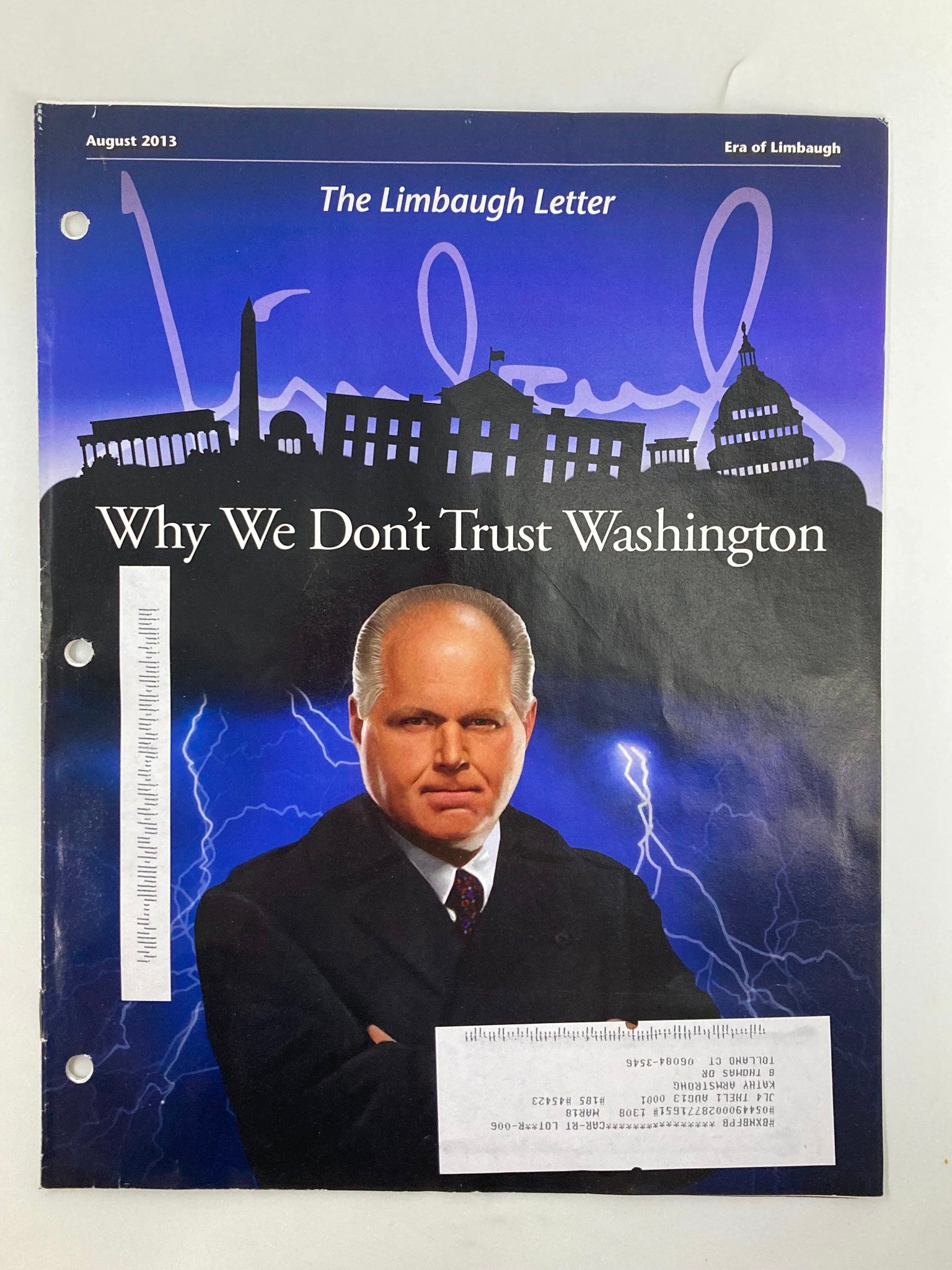 Rush Limbaugh Letter Newsletter Magazine August 2013 We Don't Trust Washington