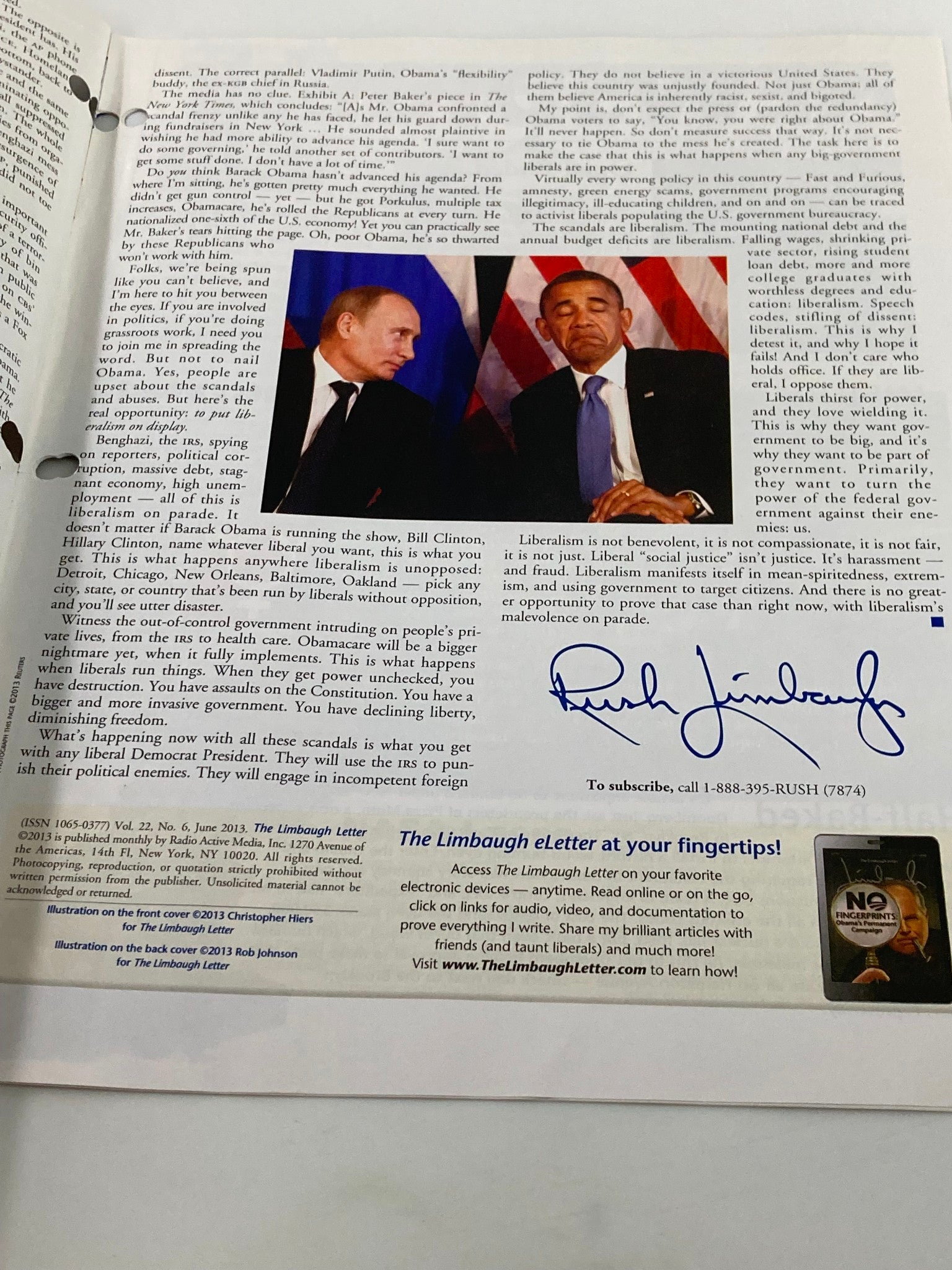 Rush Limbaugh Letter Newsletter Magazine June 2013 Vladimir Putin Barack Obama