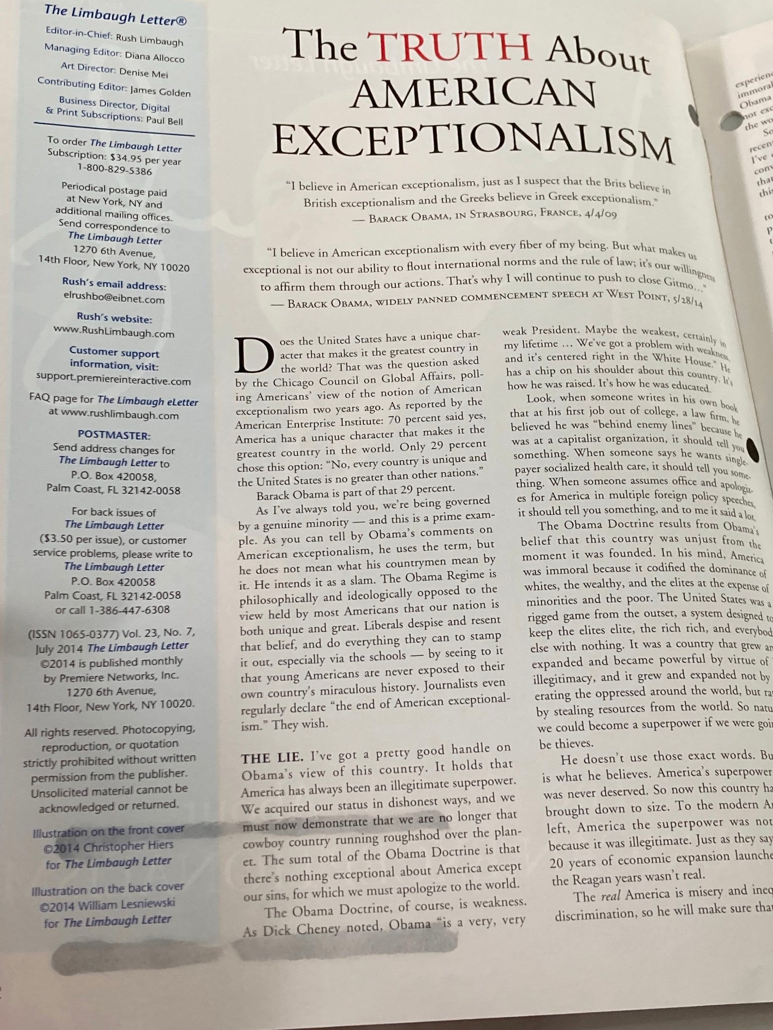 Rush Limbaugh Letter Newsletter Magazine July 2014 American Exceptionalism