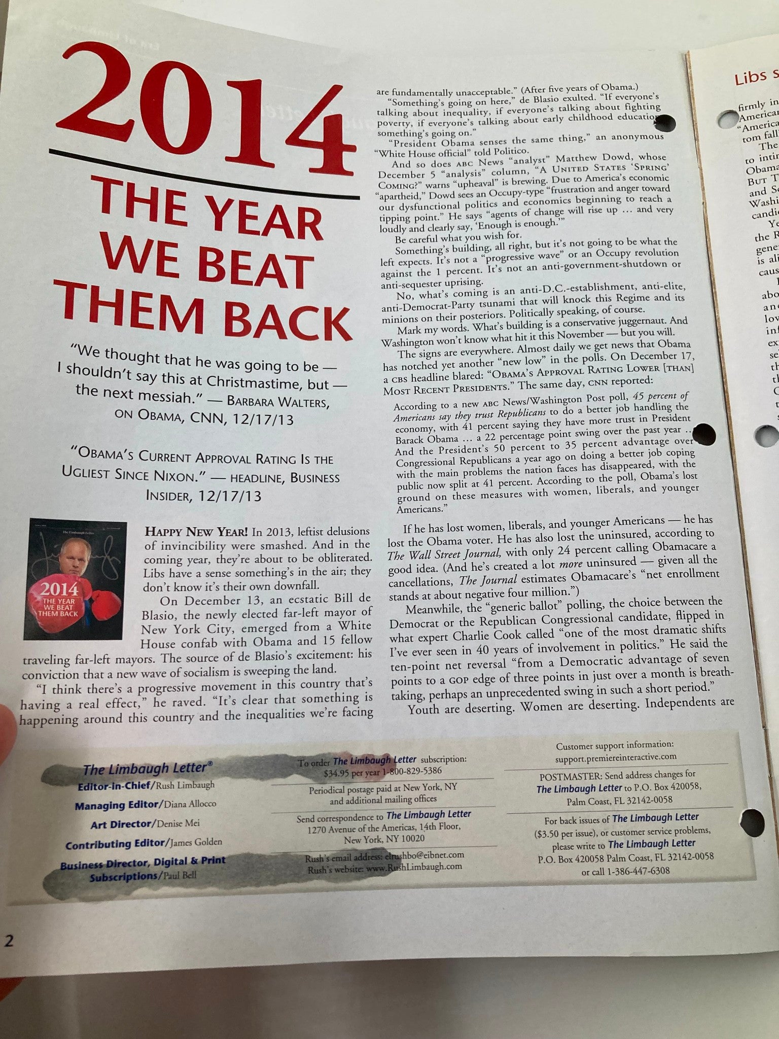 Rush Limbaugh Letter Newsletter Magazine January 2014 The Year We Beat Them