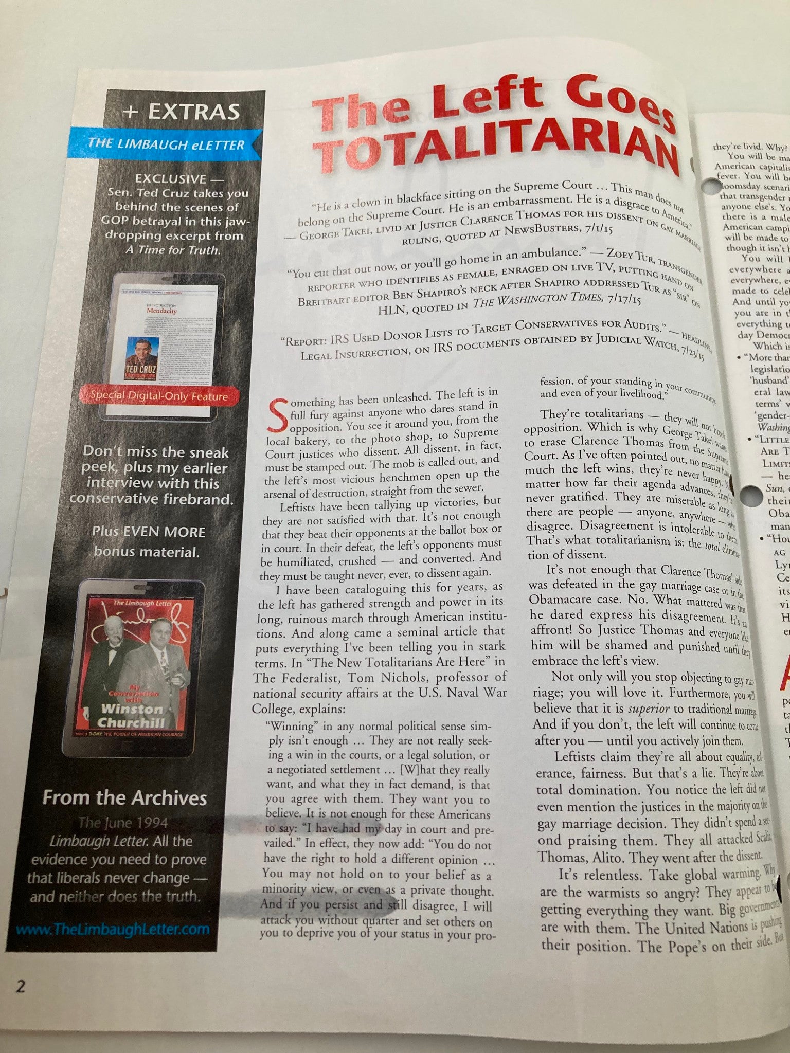 Rush Limbaugh Letter Newsletter Magazine August 2015 Goes Totalitarian