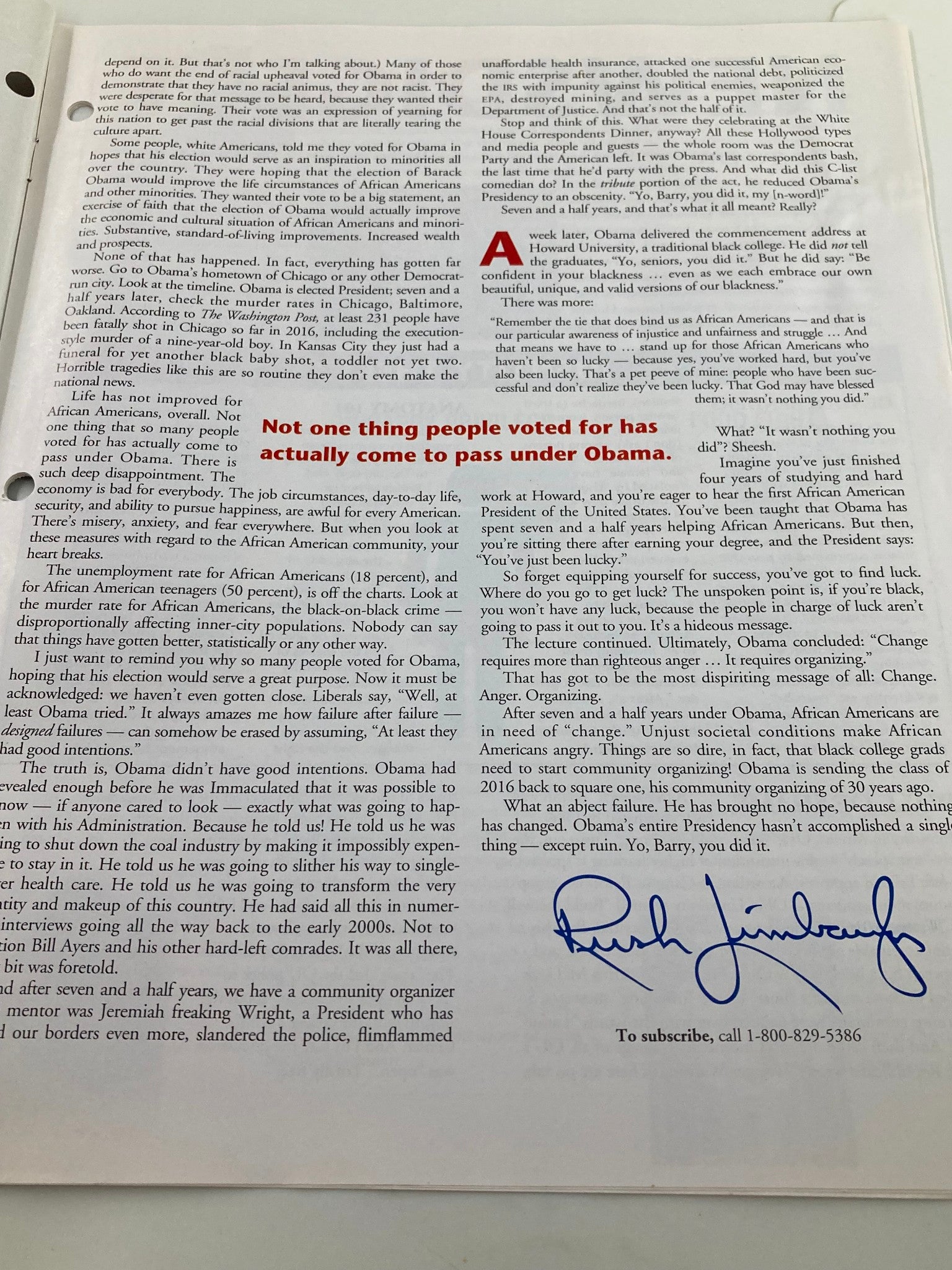 Rush Limbaugh Letter Newsletter Magazine June 2016 Failure