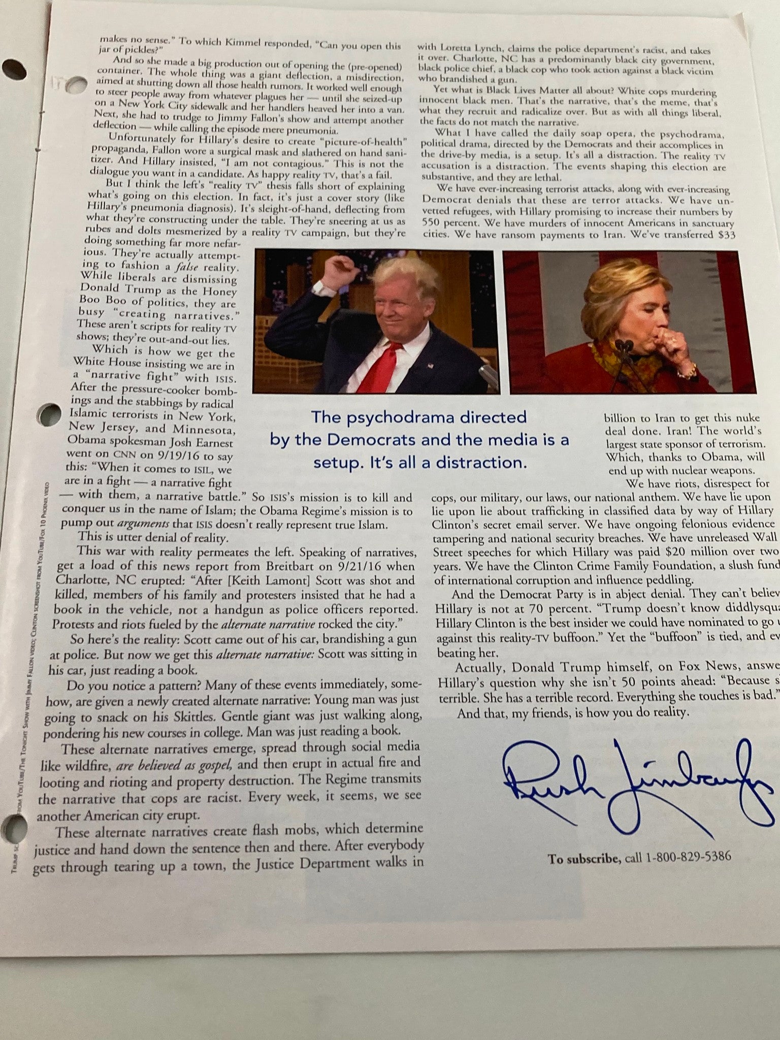 Rush Limbaugh Letter Newsletter Magazine October 2016 Reality TV Election