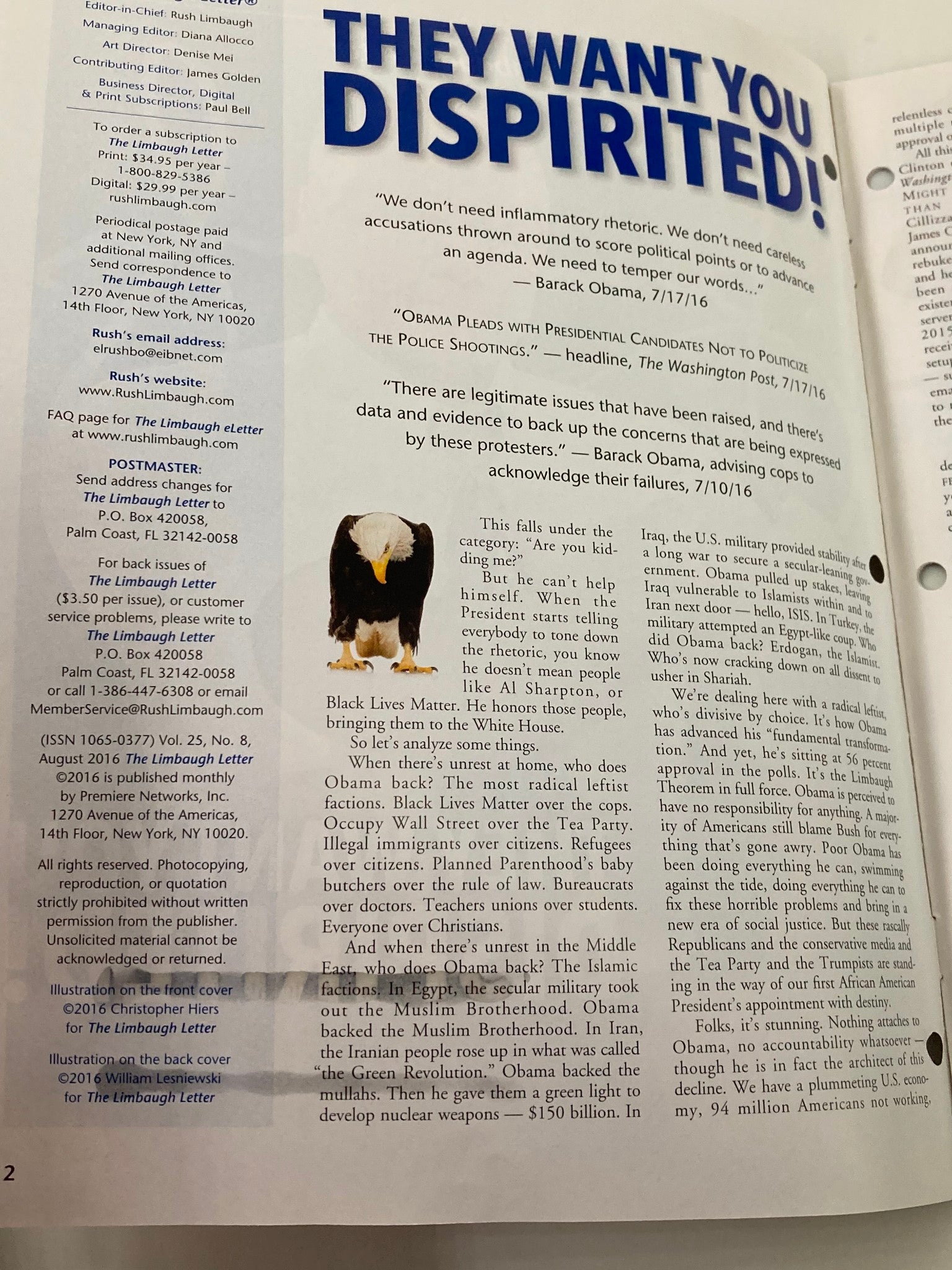 Rush Limbaugh Letter Newsletter Magazine August 2016 They Want You Dispirited