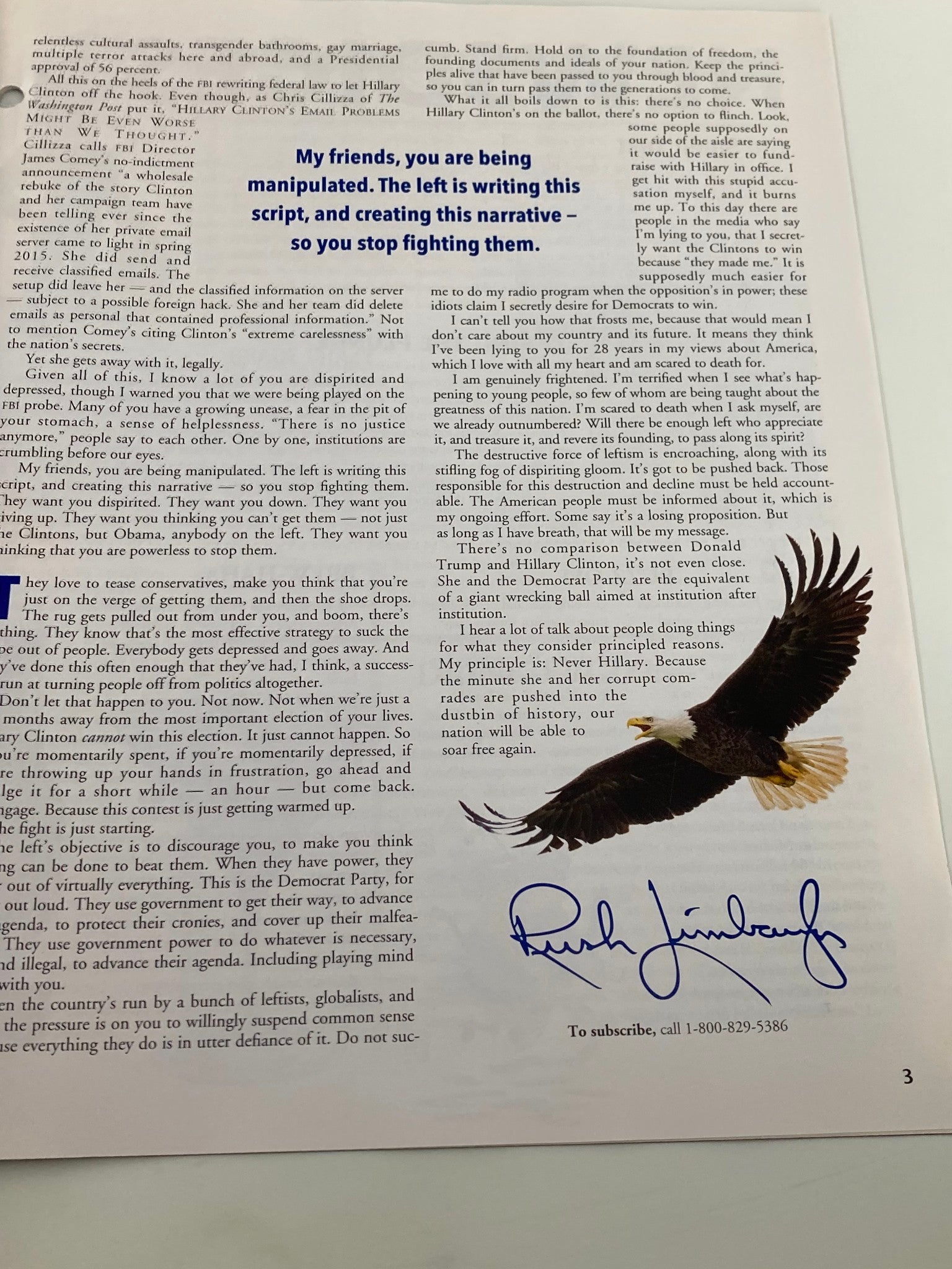 Rush Limbaugh Letter Newsletter Magazine August 2016 They Want You Dispirited