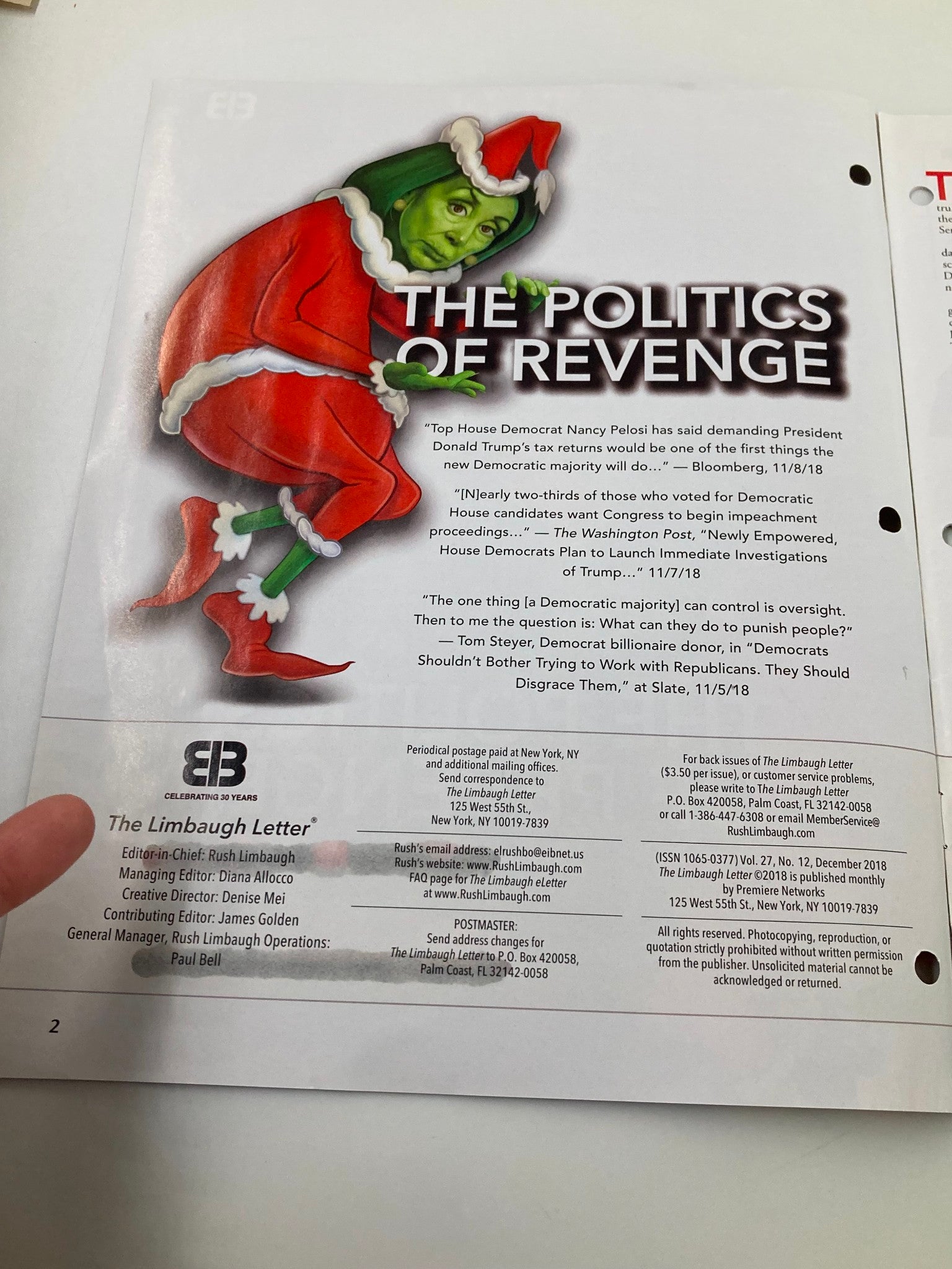 Rush Limbaugh Letter Newsletter Magazine December 2018 The Politics of Revenge