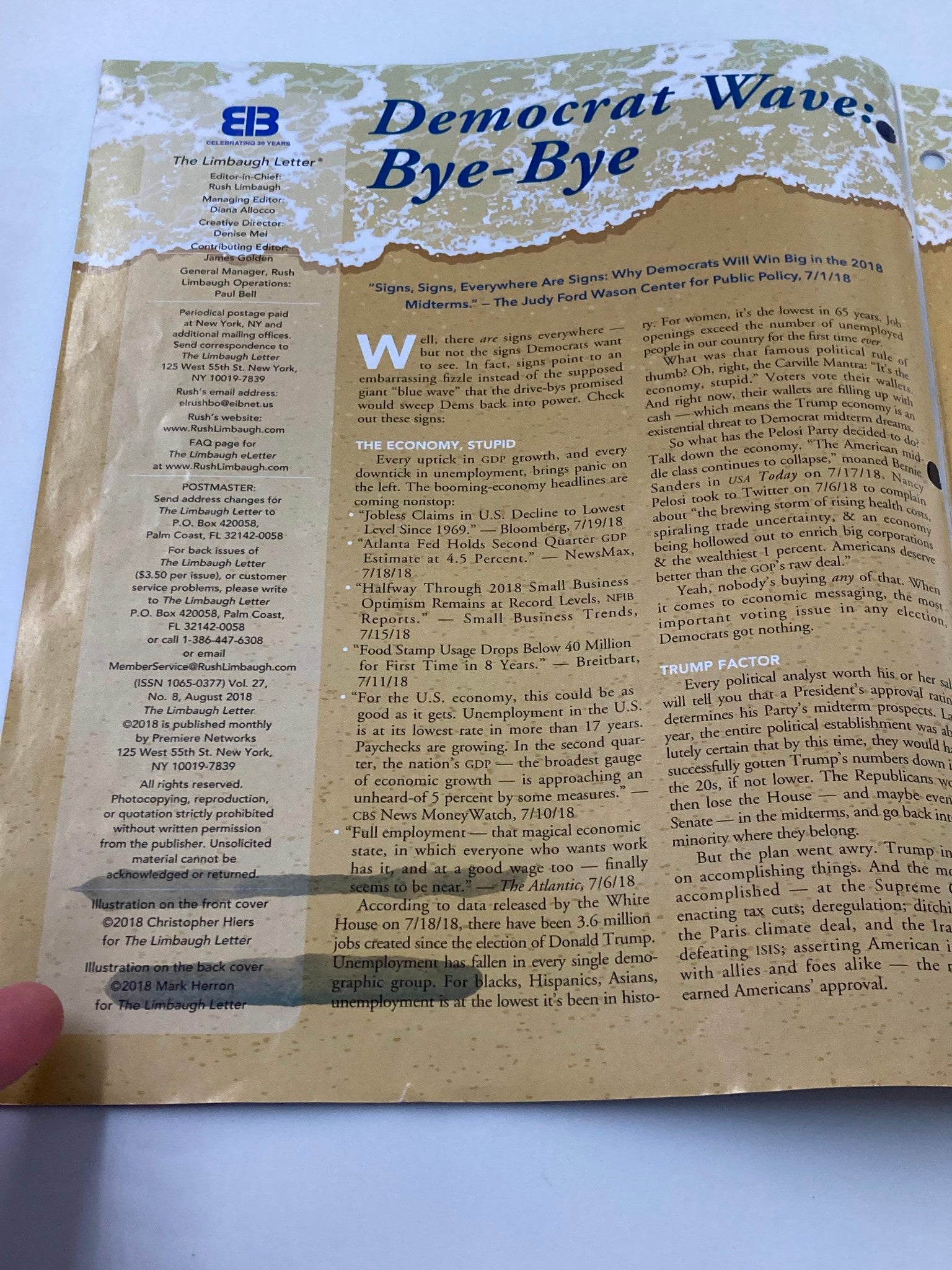 Rush Limbaugh Letter Newsletter Magazine August 2018 Wave Bye Bye