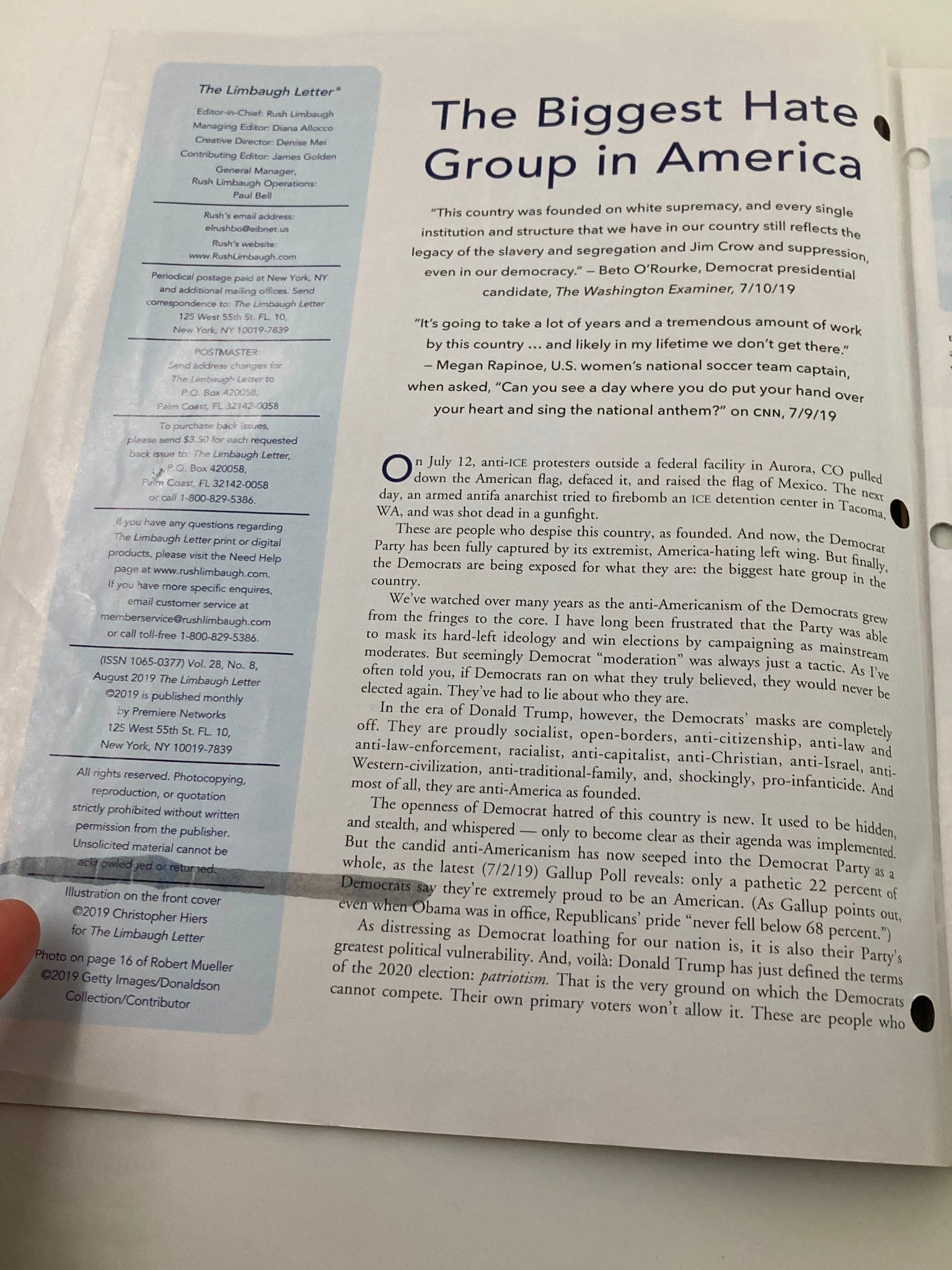 Rush Limbaugh Letter Newsletter Magazine August 2019 The Biggest Hate Group