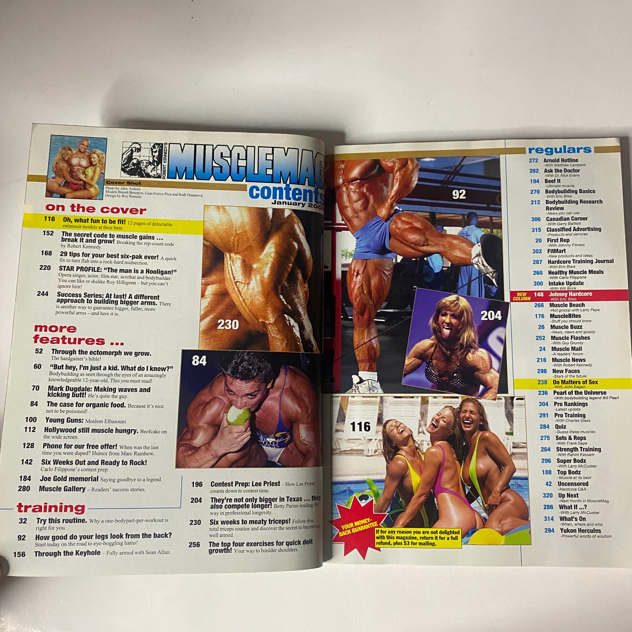 Inside spread of MuscleMag International Magazine January 2005 showcasing the contents page with muscle-building articles and featured athletes.