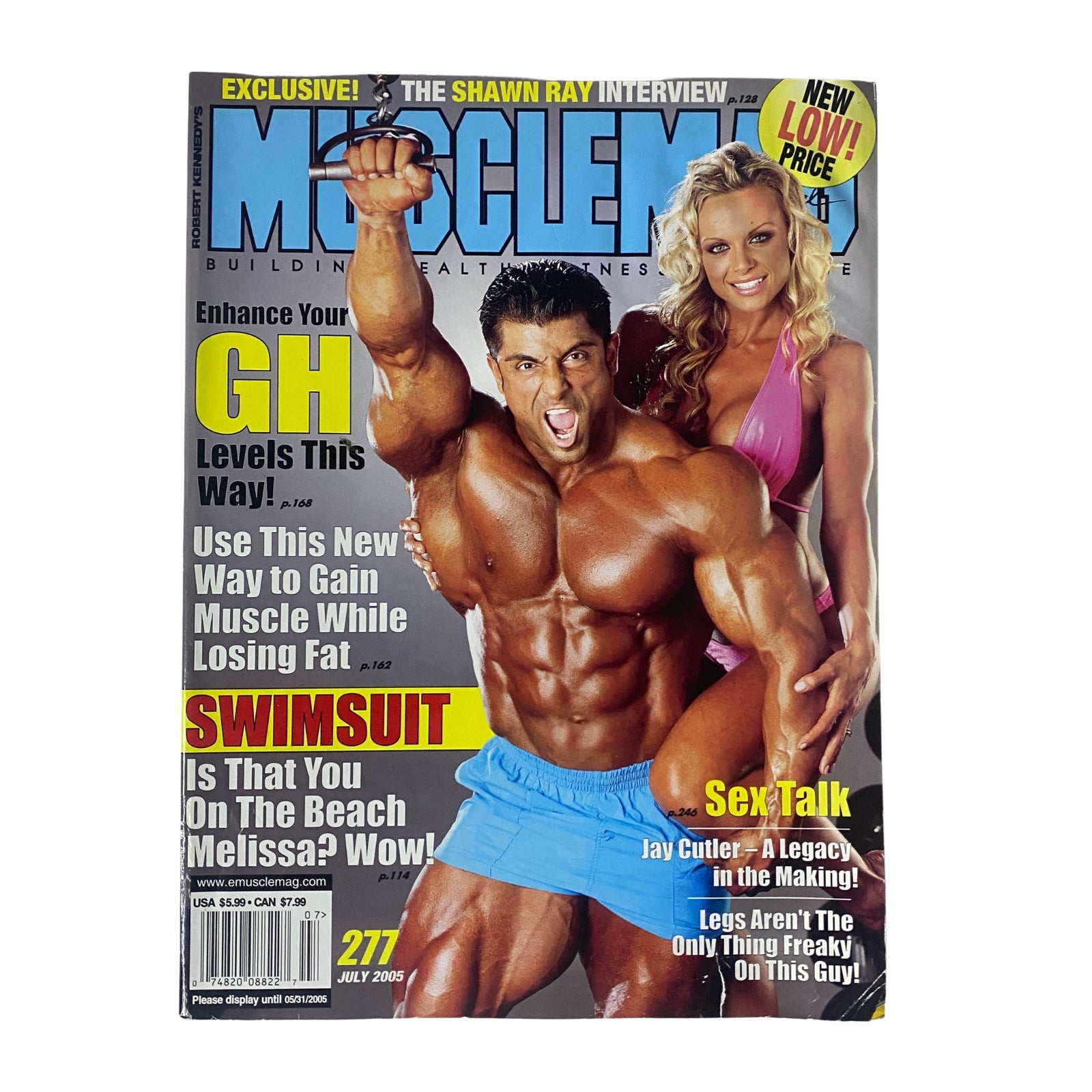 Cover of MuscleMag International Magazine July 2005 featuring bodybuilder King Kamali and Barbara Kamali, promoting health and fitness, with topics including weight gain and swimsuit fitness.