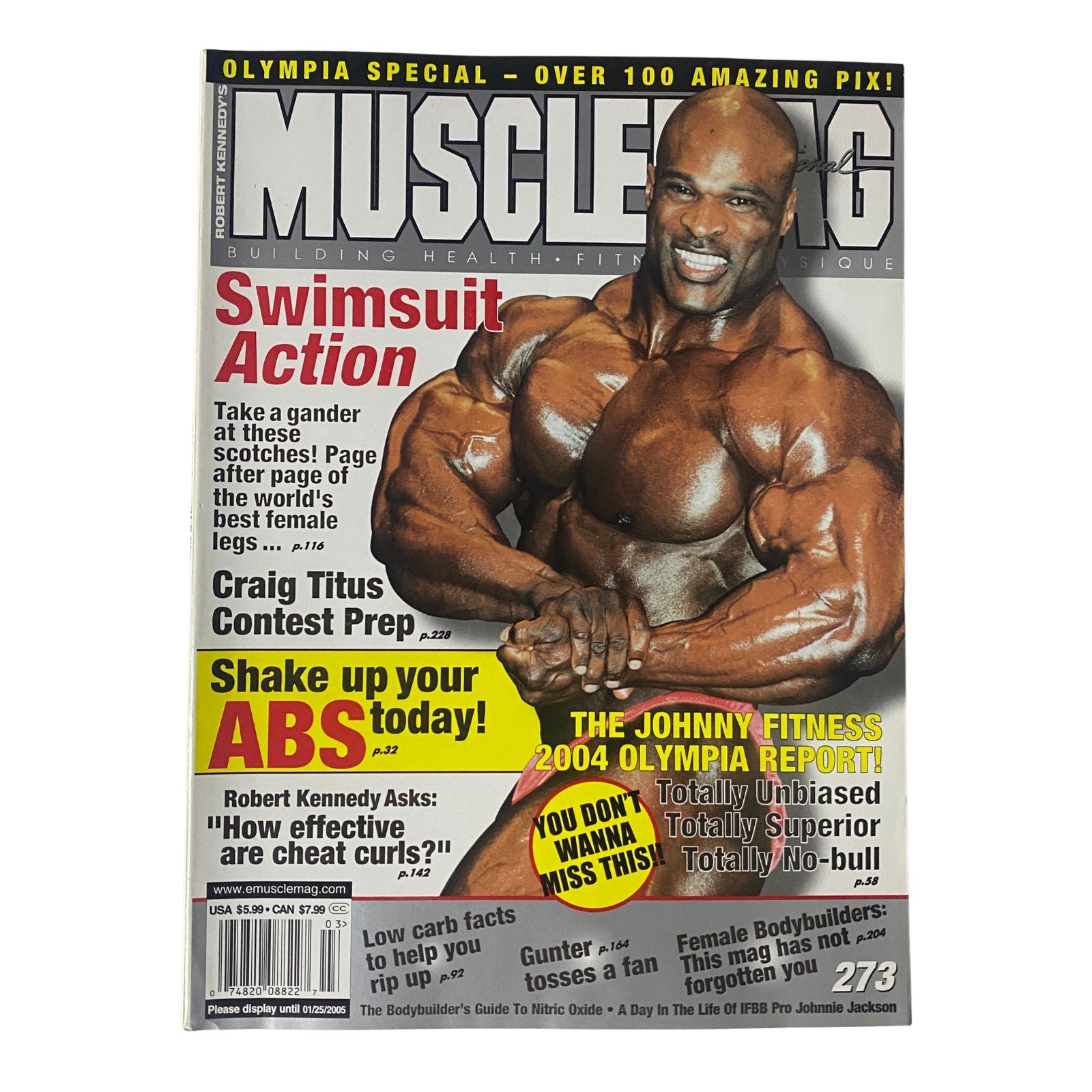 Cover of MuscleMag International Magazine March 2005 No. 273 featuring Ronnie Coleman with the headline 'Swimsuit Action'. The magazine includes features on bodybuilding tips and training insights, making it a valuable collectible for fitness enthusiasts.