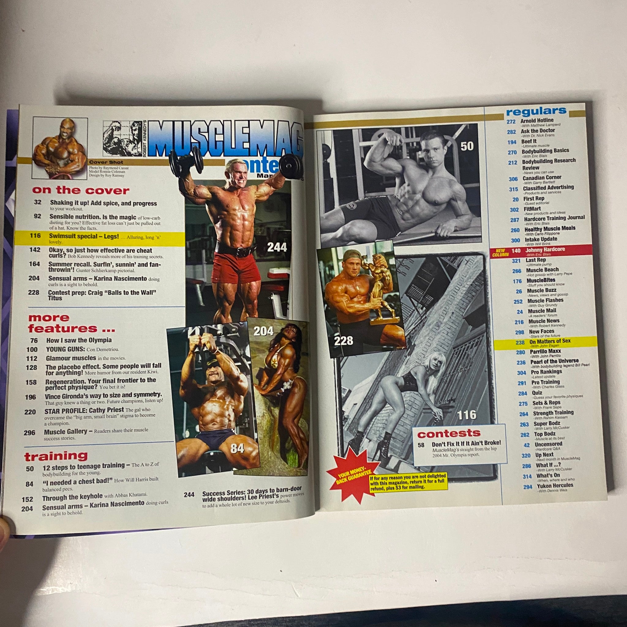 Interior pages of MuscleMag International Magazine March 2005 No. 273 showcasing articles on bodybuilding, training advice, and contest preparations. This issue highlights key features and regular columns relevant to the bodybuilding community.
