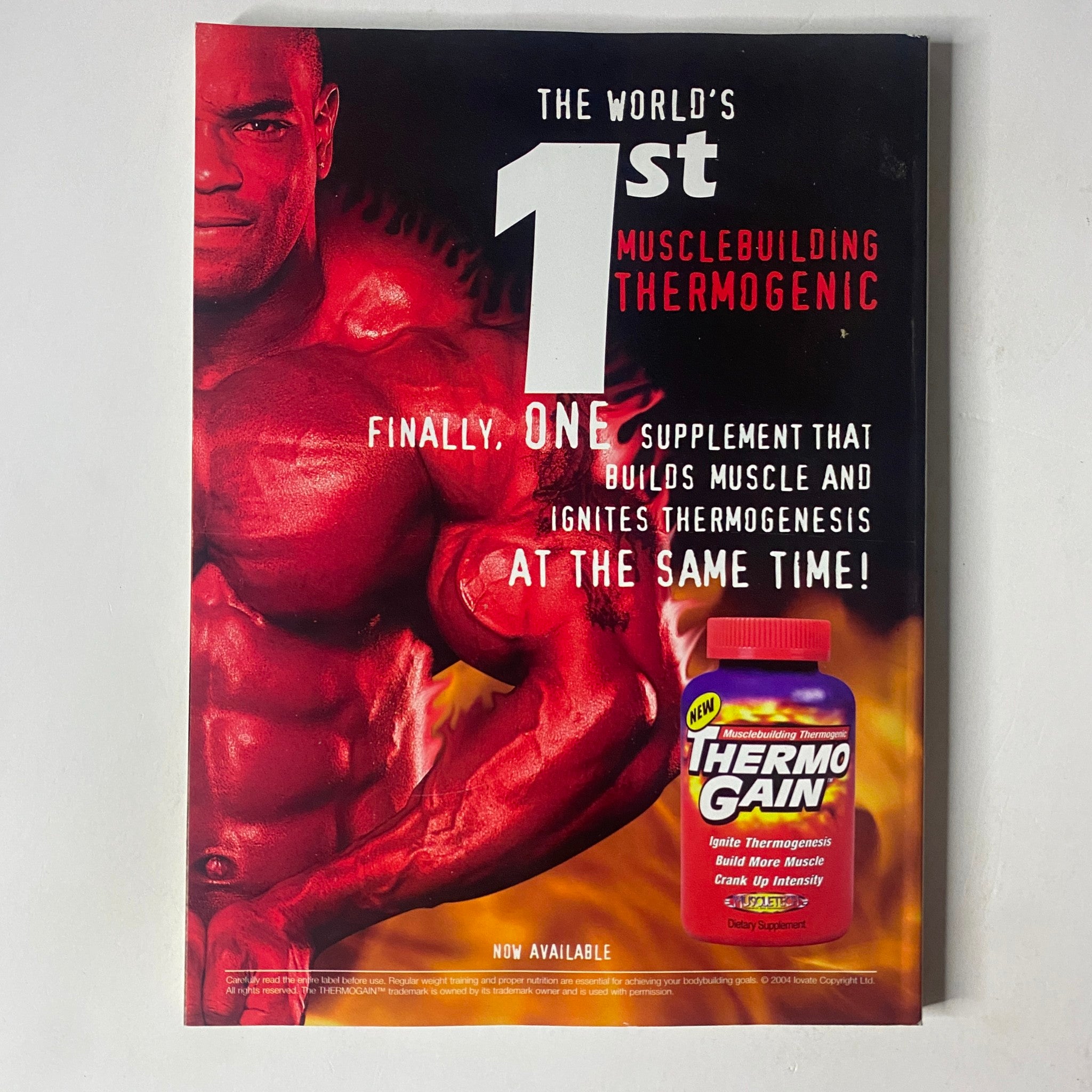 Advertisement from MuscleMag International Magazine February 2005 promoting Thermo Gain, a bodybuilding supplement that aids in muscle building and thermogenesis.