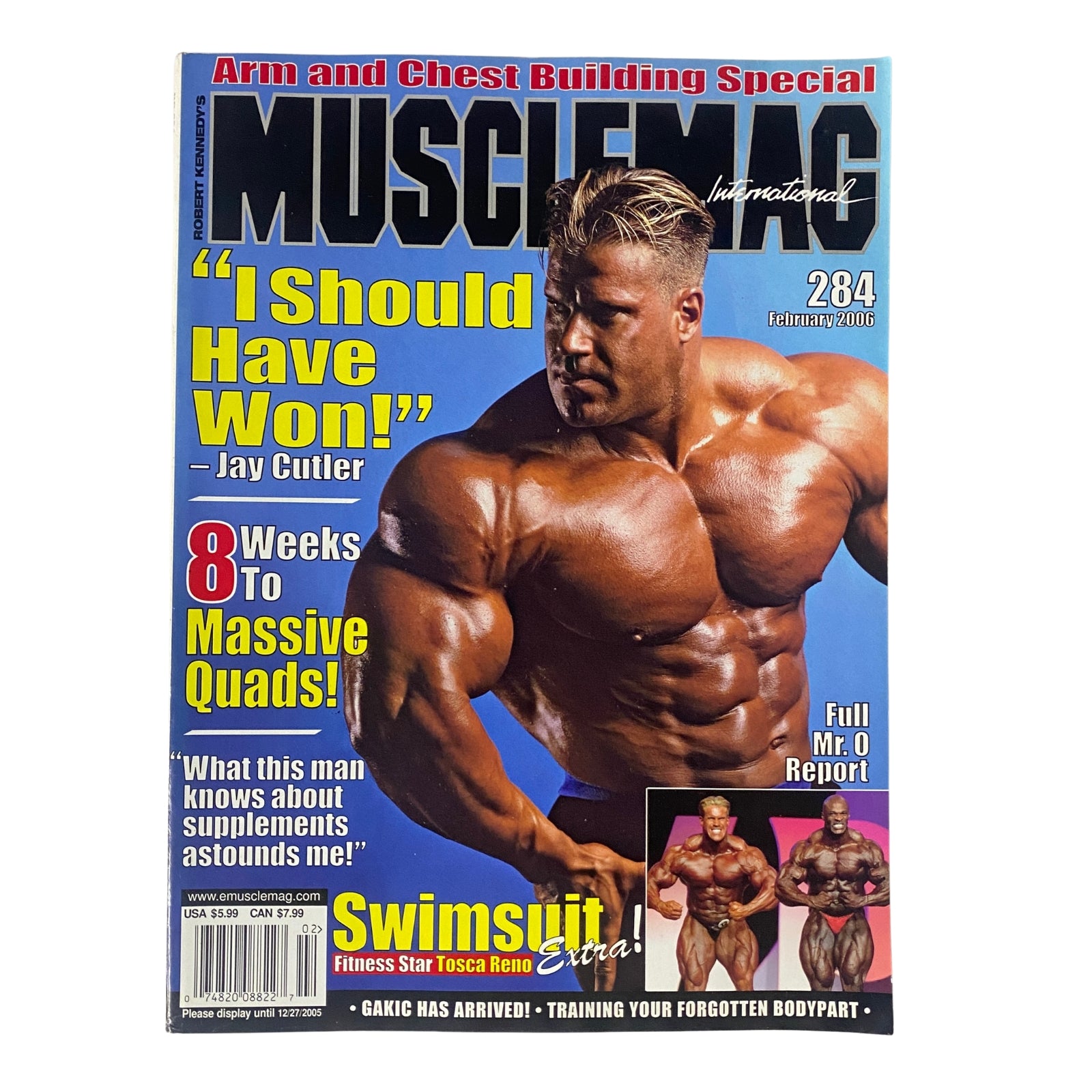 Cover of MuscleMag International Magazine February 2006 No. 284 featuring bodybuilding legend Jay Cutler, with headlines about competition, fitness supplements, and arm and chest building, making it a collectible item for enthusiasts.
