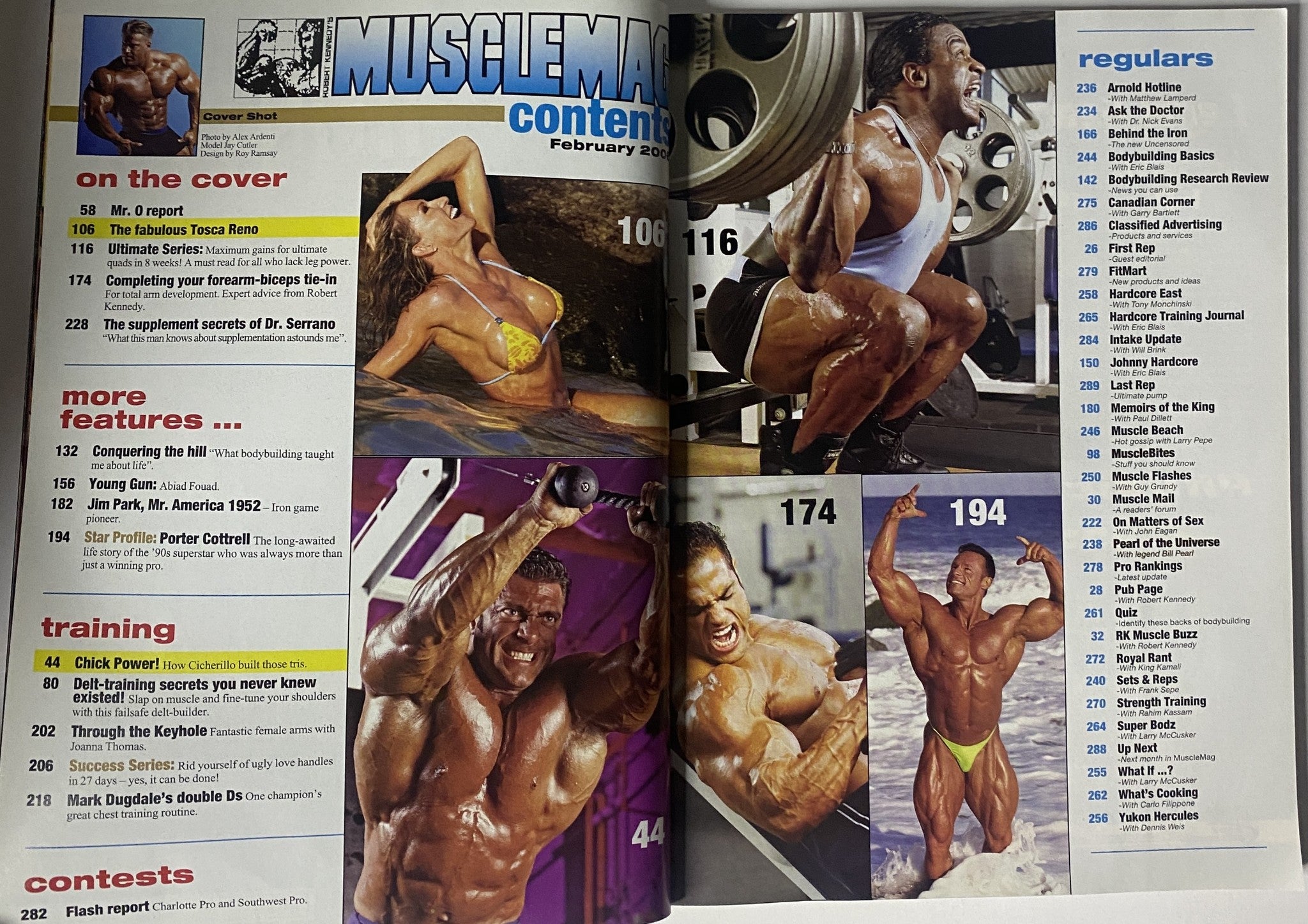 MuscleMag International Magazine February 2006 No. 284 featuring Jay Cutler on the cover, showcasing various bodybuilding exercises, training techniques, and fitness insights in a magazine spread.