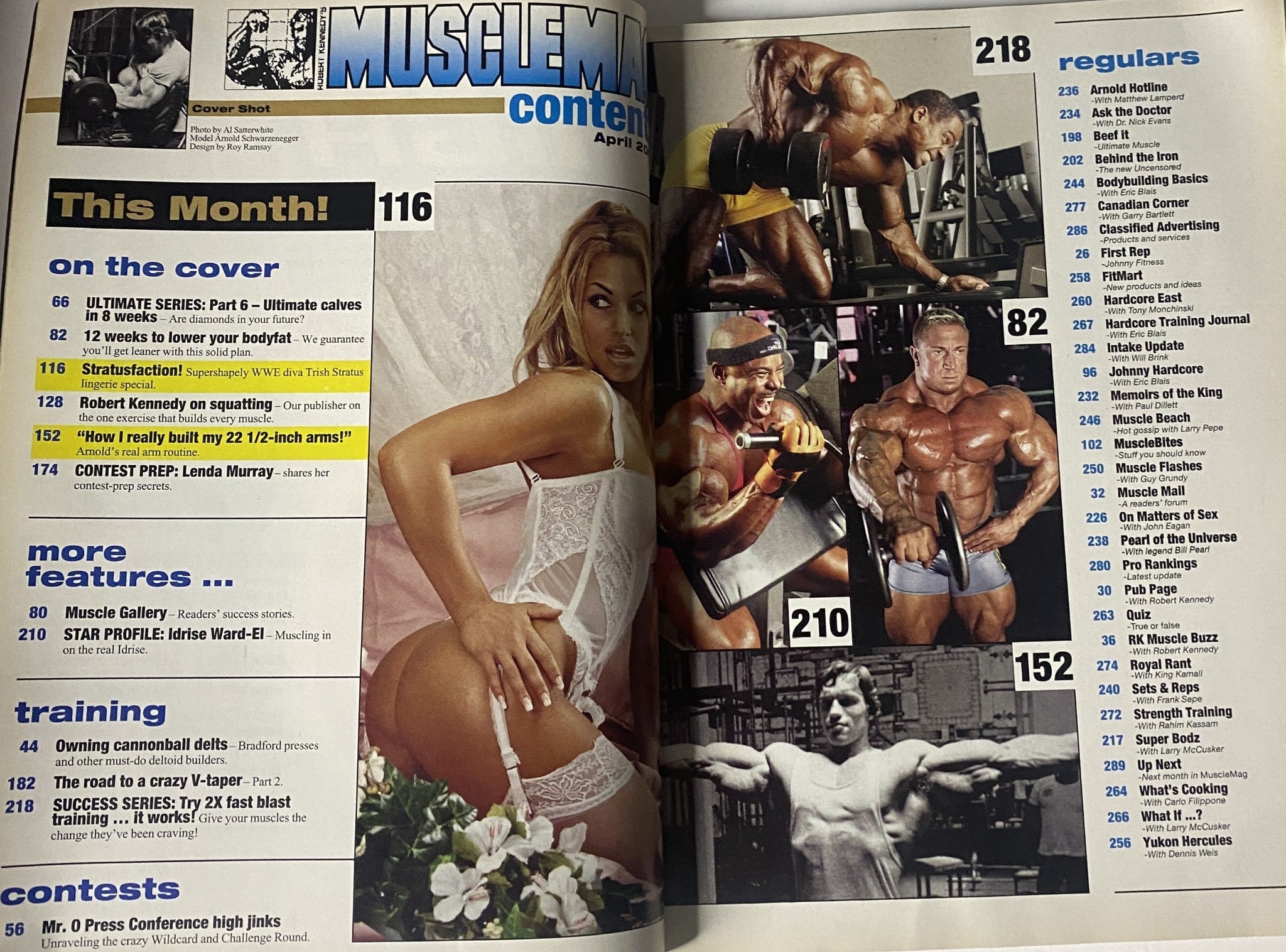 Inside spread from MuscleMag International Magazine April 2006 No. 286 showcasing content sections, articles, and regular features related to bodybuilding and fitness.
