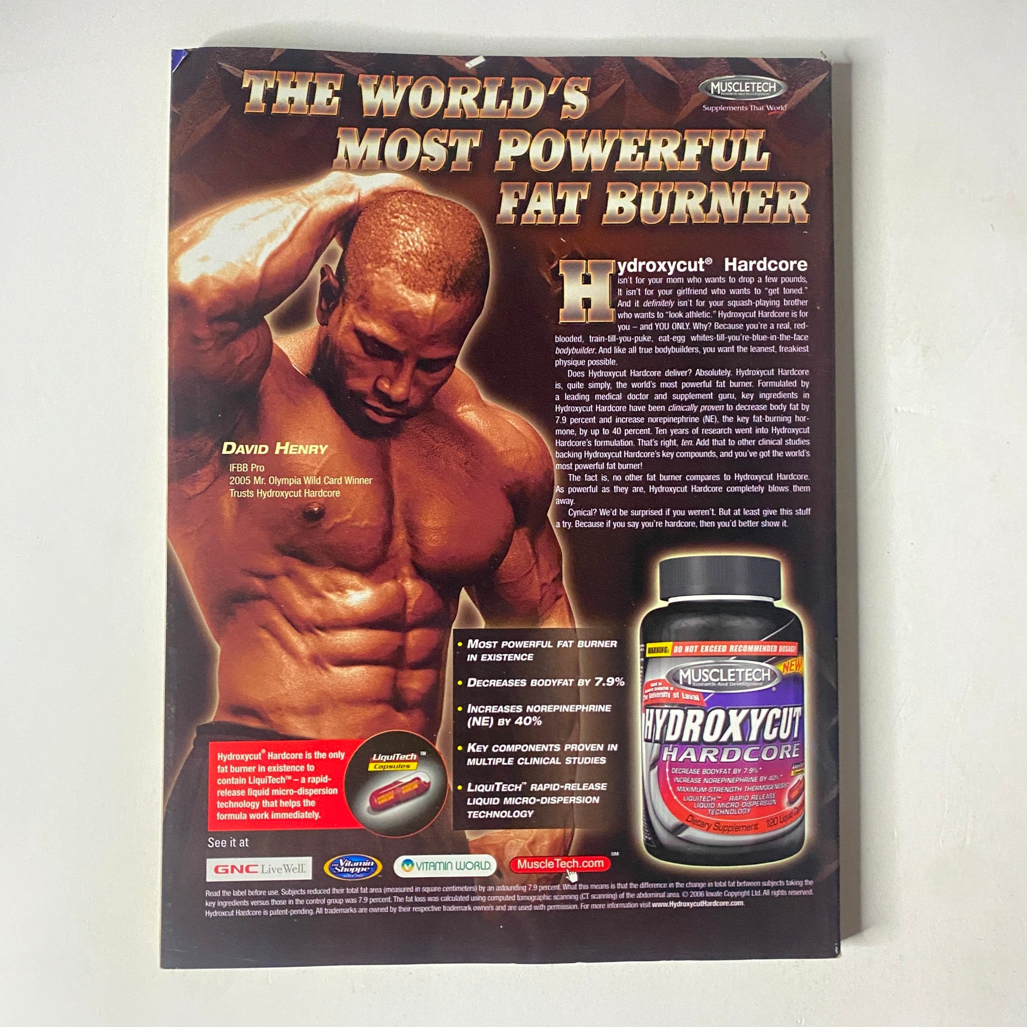 Back cover of MuscleMag International Magazine April 2006 No. 286 advertising Hydroxycut Hardcore, emphasizing its potency as a fat burner for fitness enthusiasts.