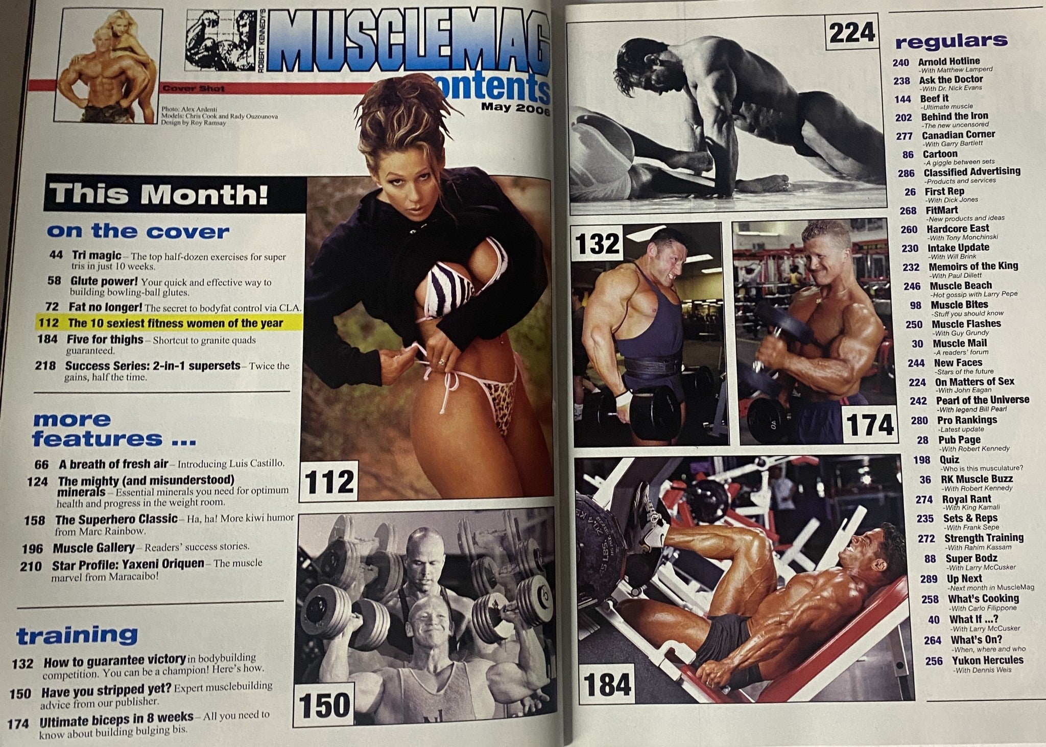 Contents page of MuscleMag International Magazine May 2006 highlighting articles and features on bodybuilding and fitness, including profiles and training tips.