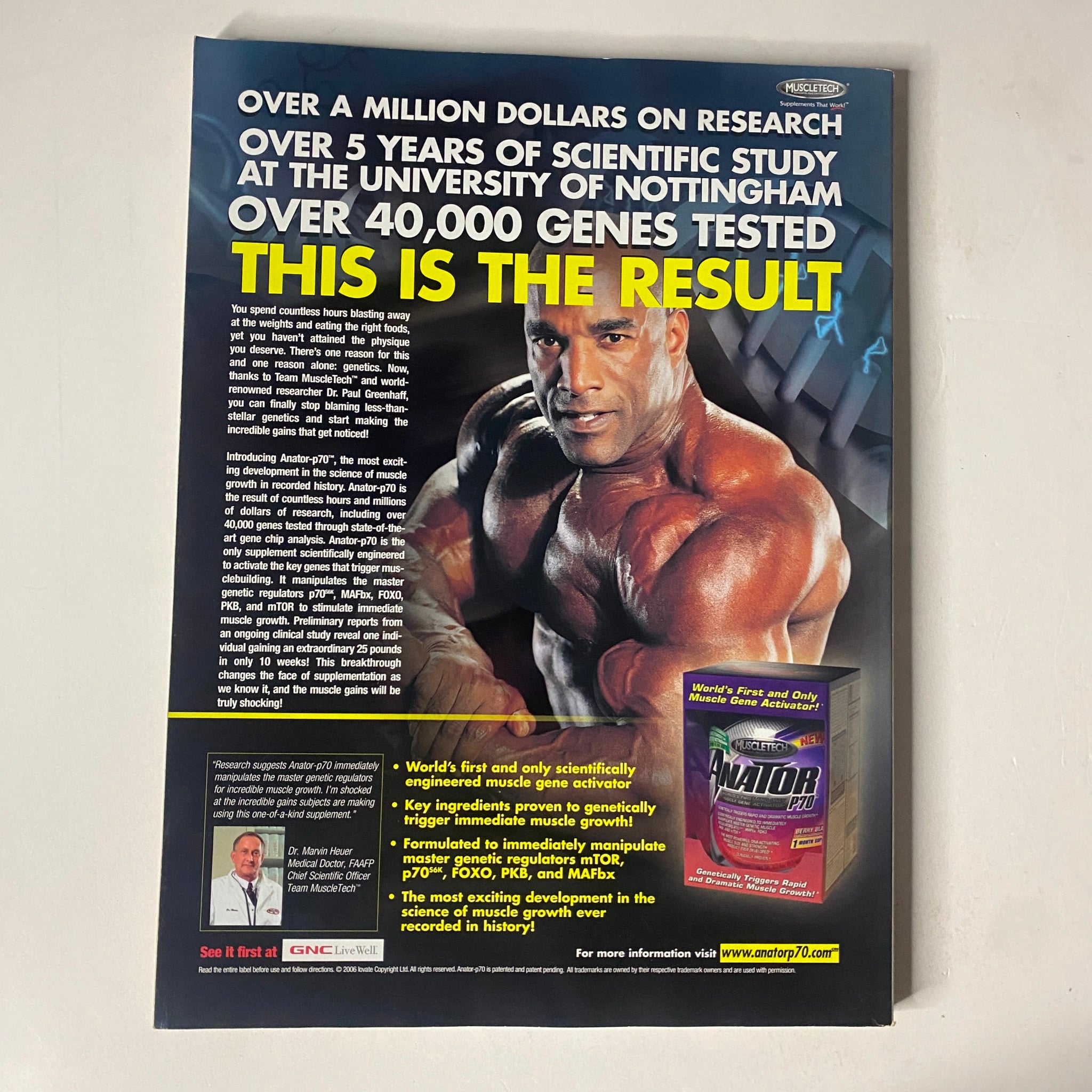 Advertisement in MuscleMag International Magazine May 2006 promoting a bodybuilding supplement, emphasizing scientific research and results in fitness.