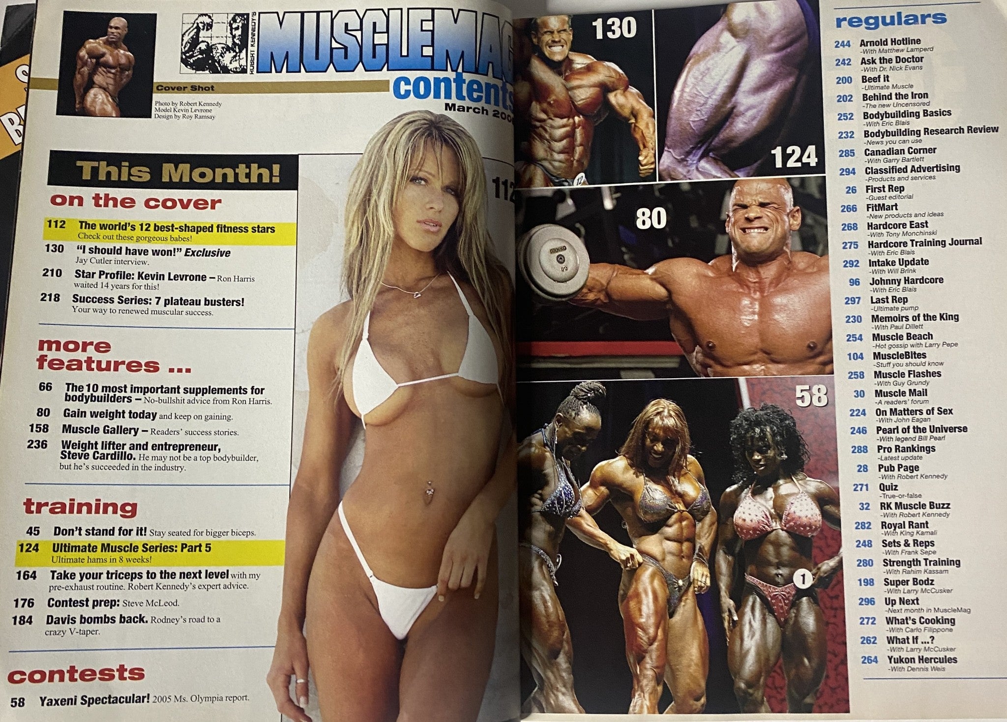MuscleMag International Magazine March 2006, featuring content highlights including training tips and bodybuilding insights, along with Kevin Levrone on the cover.