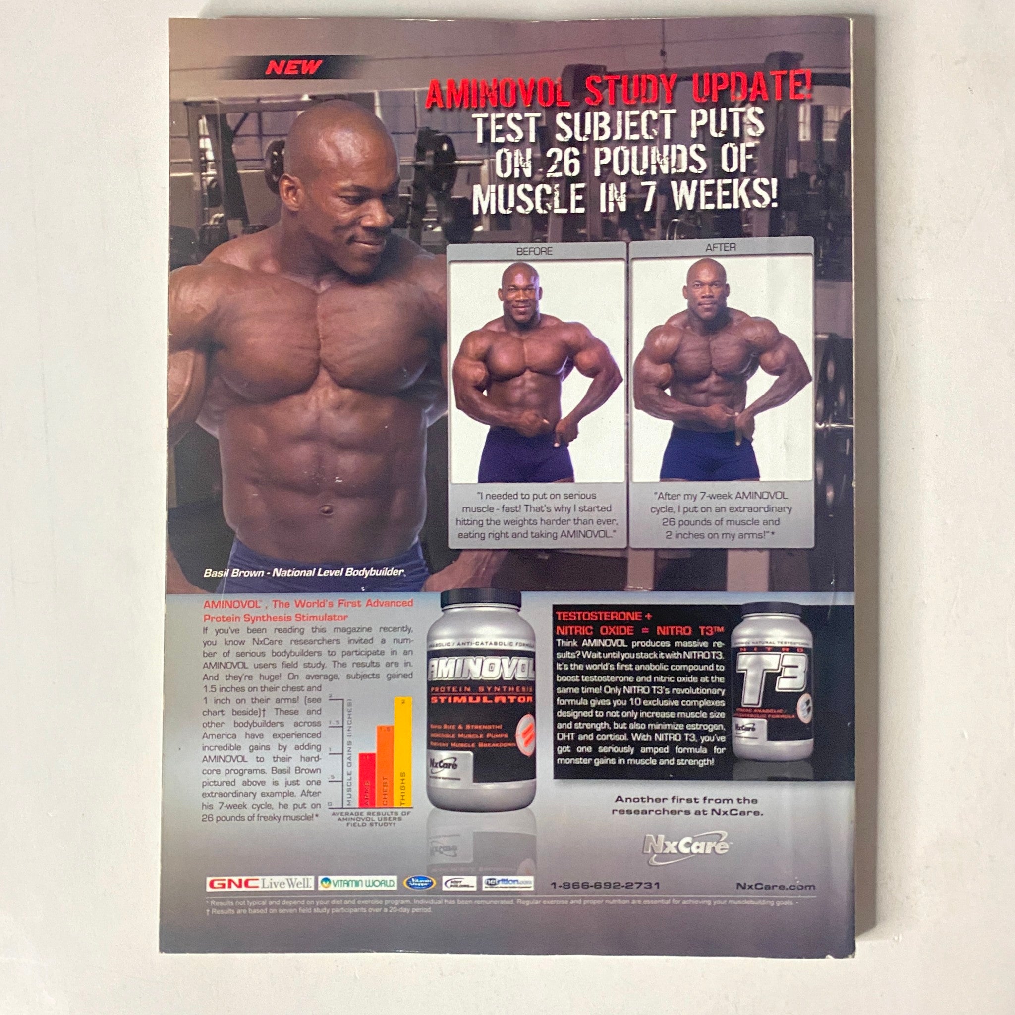 Back cover of MuscleMag International Magazine March 2006 showcasing an Aminovol study update, highlighting muscle gains, with a focused image of a bodybuilder.