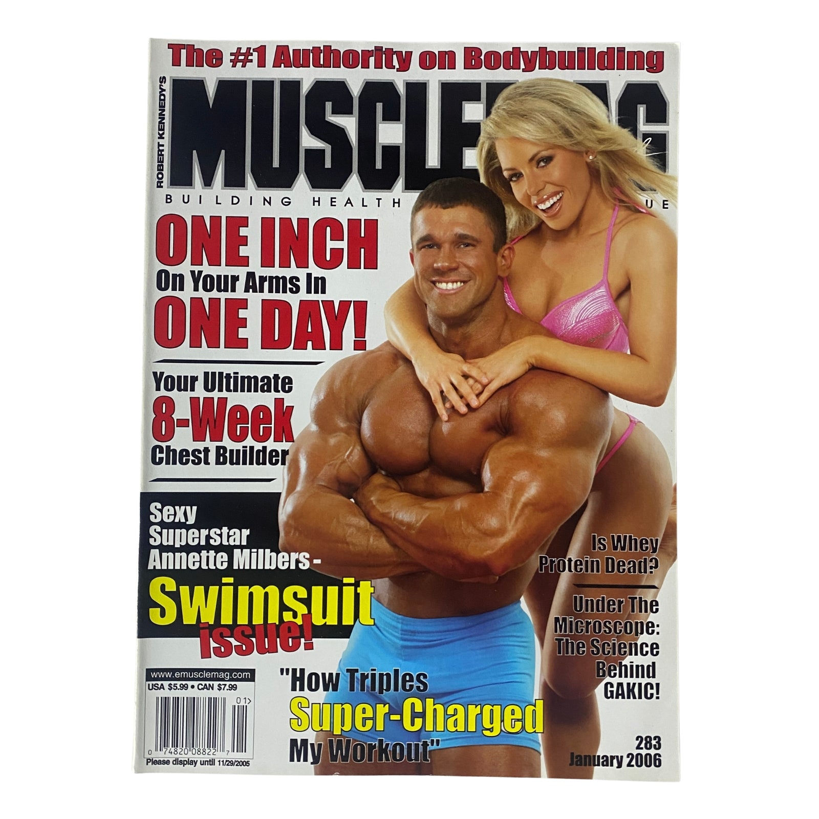 Cover of MuscleMag International Magazine January 2006 featuring David Dorsey and Shay Lyn, showcasing fitness and bodybuilding themes along with a promotion for an ultimate chest builder program.