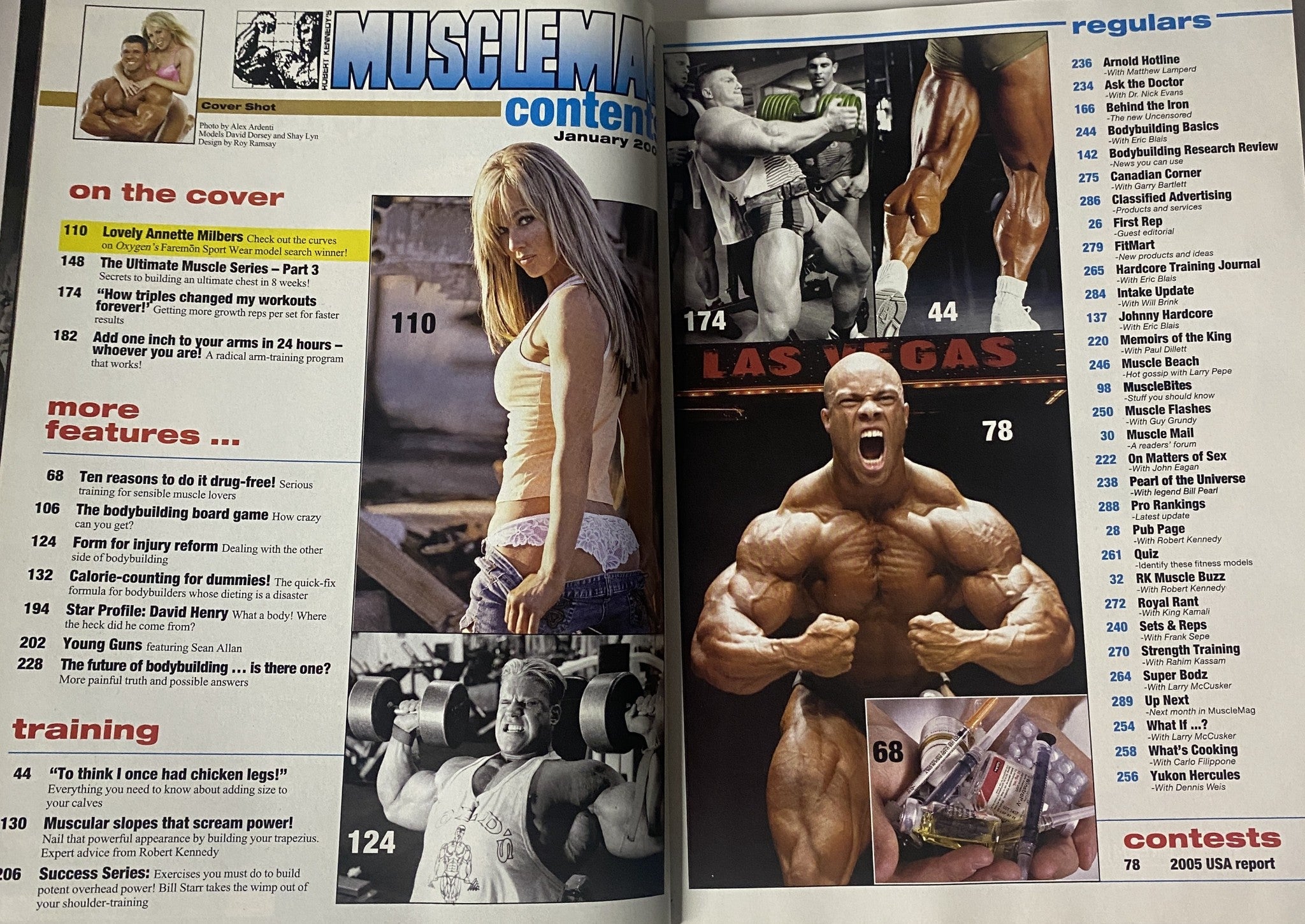 Contents page of MuscleMag International Magazine January 2006, illustrating various articles on bodybuilding, fitness training, and athlete profiles, including sections highlighting swimsuit and training tips.