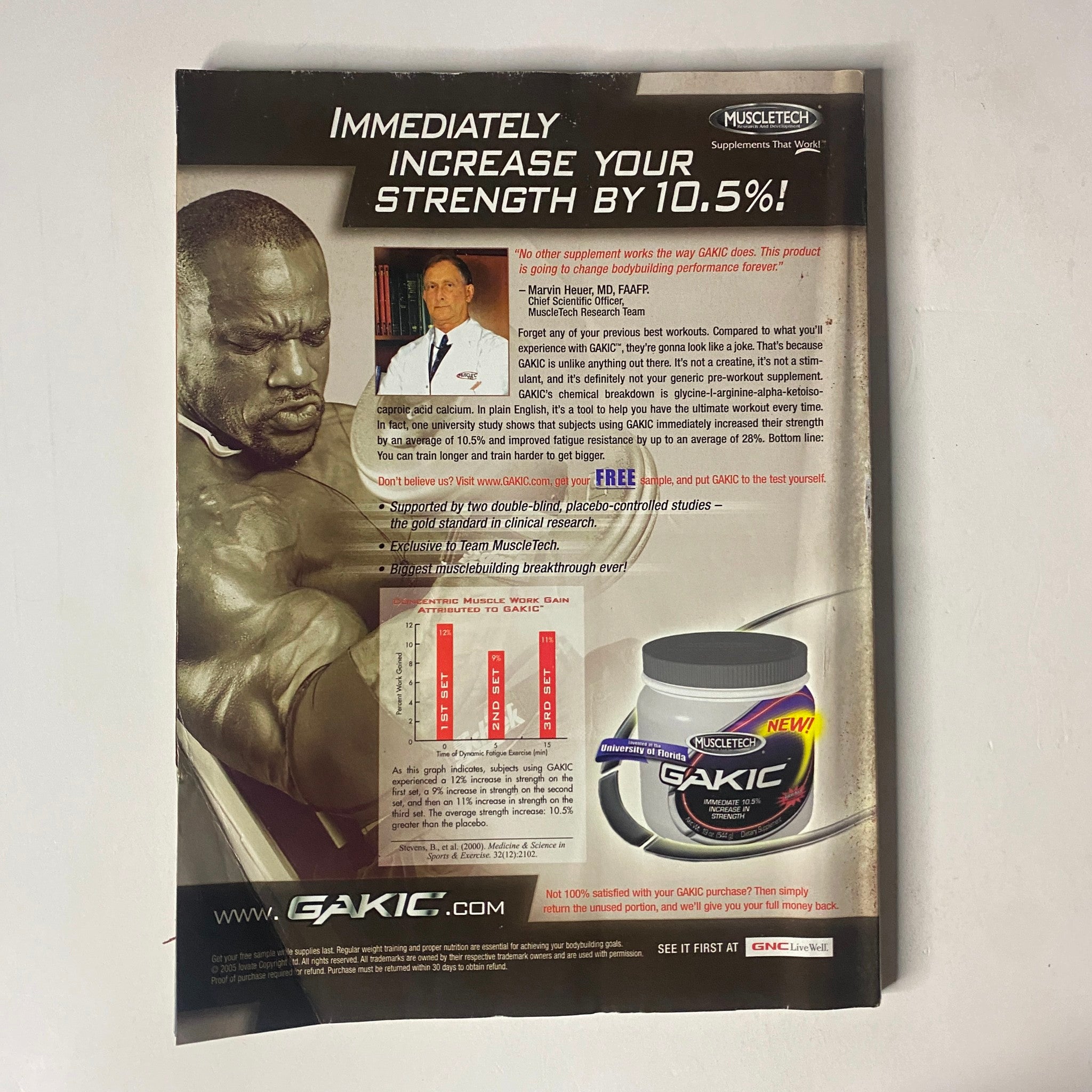 Back cover of MuscleMag International Magazine January 2006 featuring an advertisement for GAKIC, promoting strength enhancement and workout performance, along with testimonials by fitness experts.
