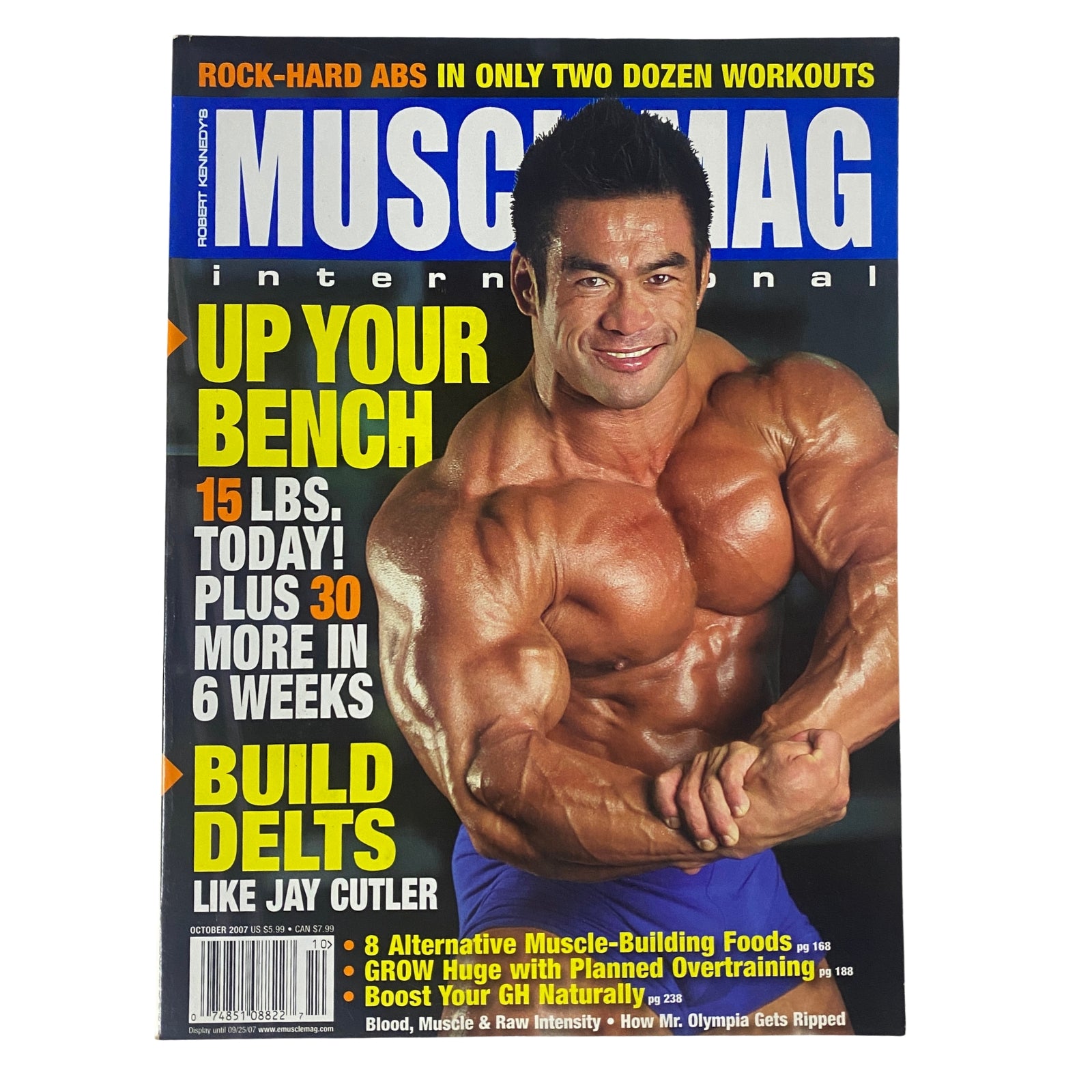 MuscleMag International Magazine October 2007 cover featuring Hidetada Yamagishi showcasing muscular physique with text highlighting bodybuilding tips and workout routines.